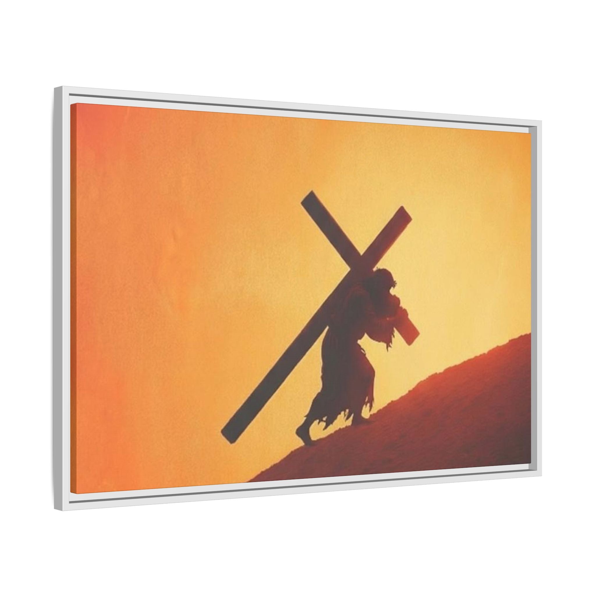 Jesus Christ Carrying Cross Framed Canvas — 'The World On His Shoulder' Sunset Art