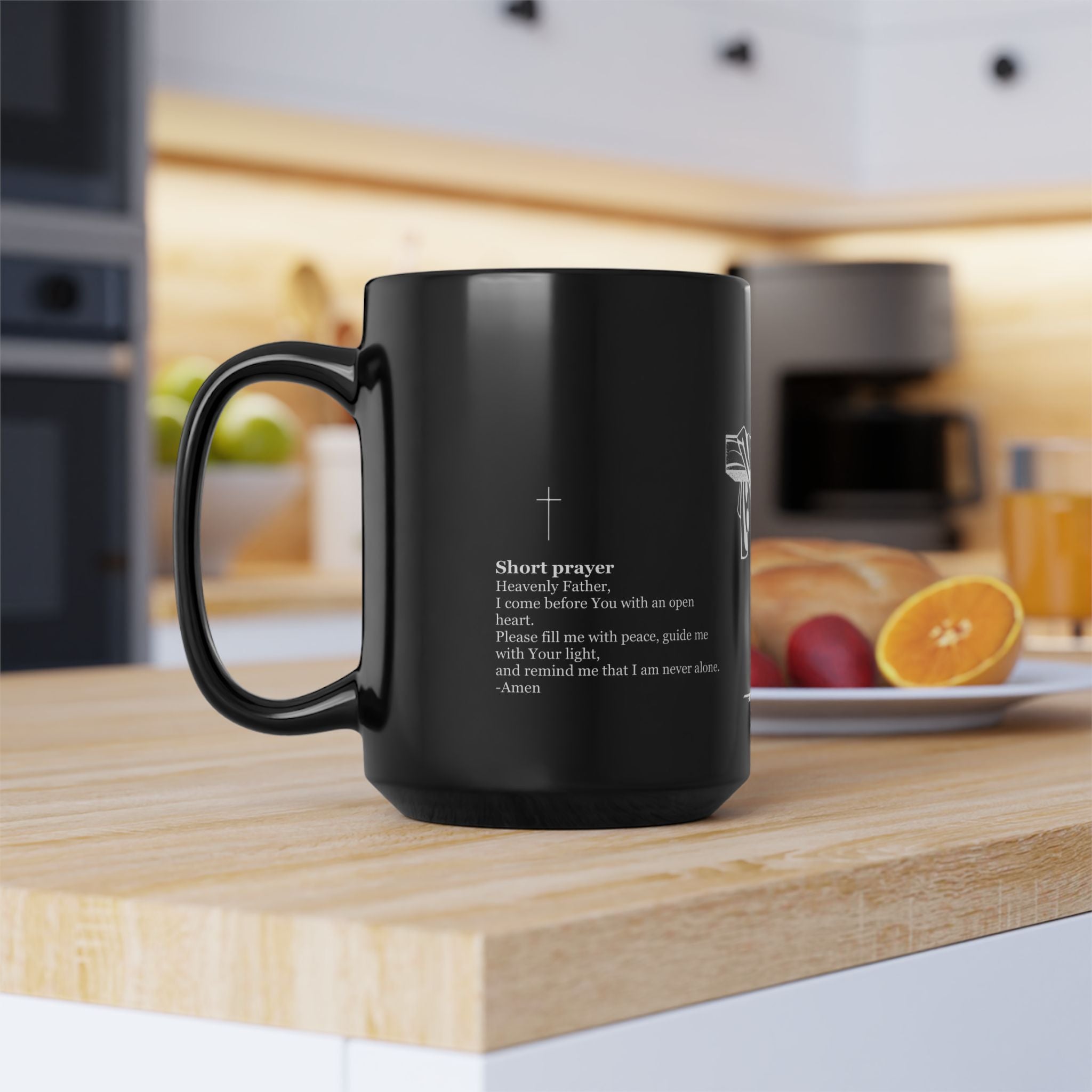 Christian Cross & Crown of Thorns Black Coffee Mug — Inspirational Scripture Gift (11oz/15oz)