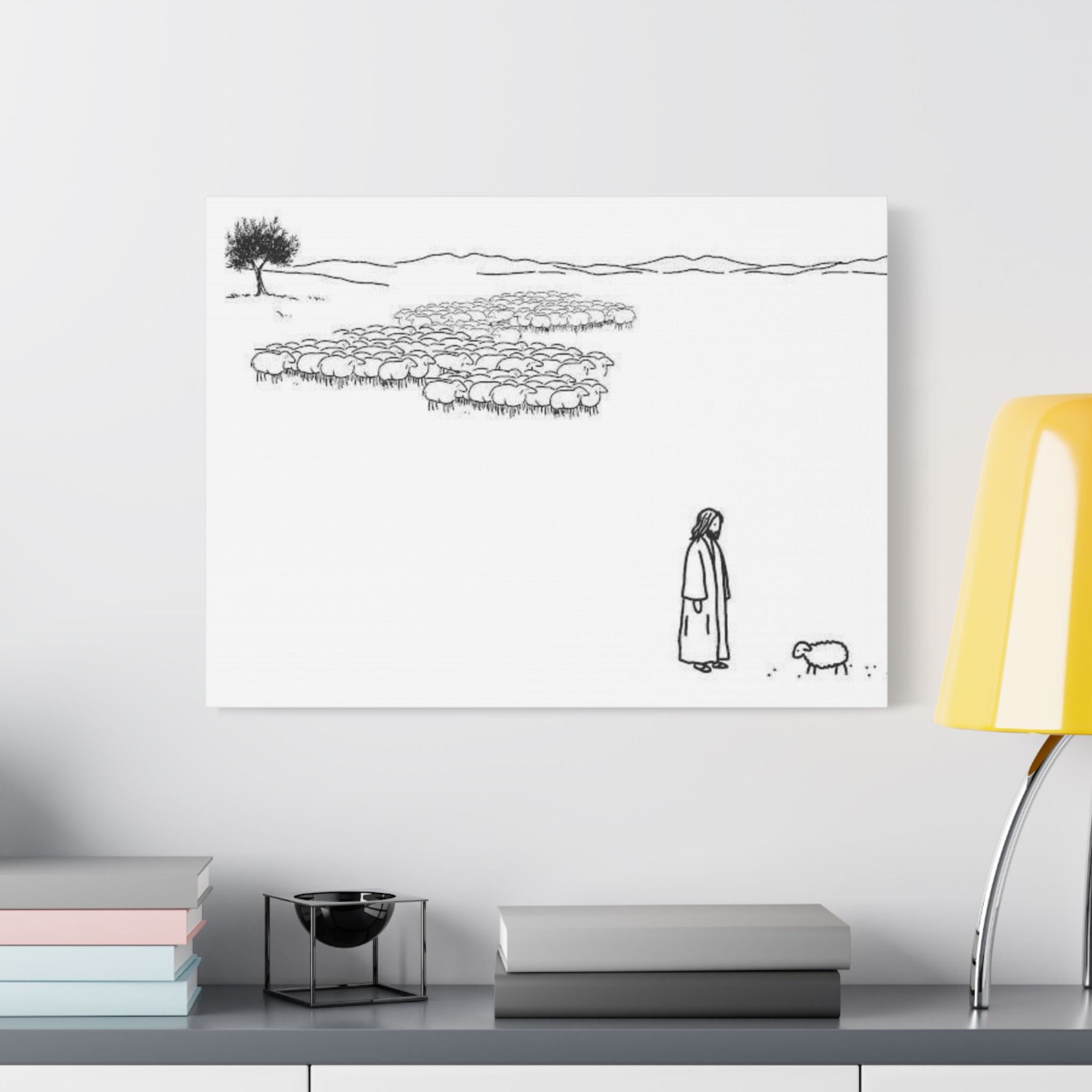 Jesus With One Lost Sheep Satin Canvas Wall Art