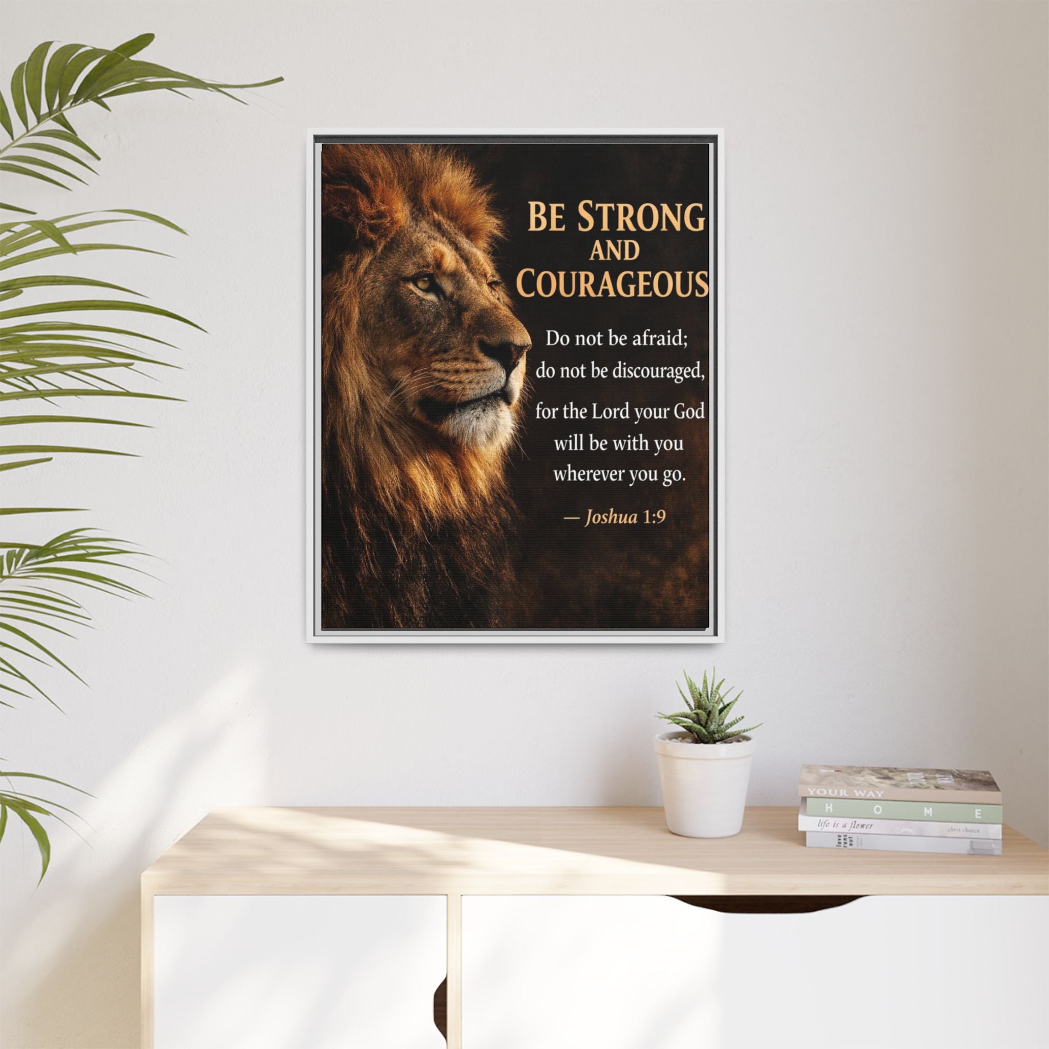 Framed Lion Canvas Print - "Be Strong and Courageous" Joshua 1:9 Inspirational Wall Art