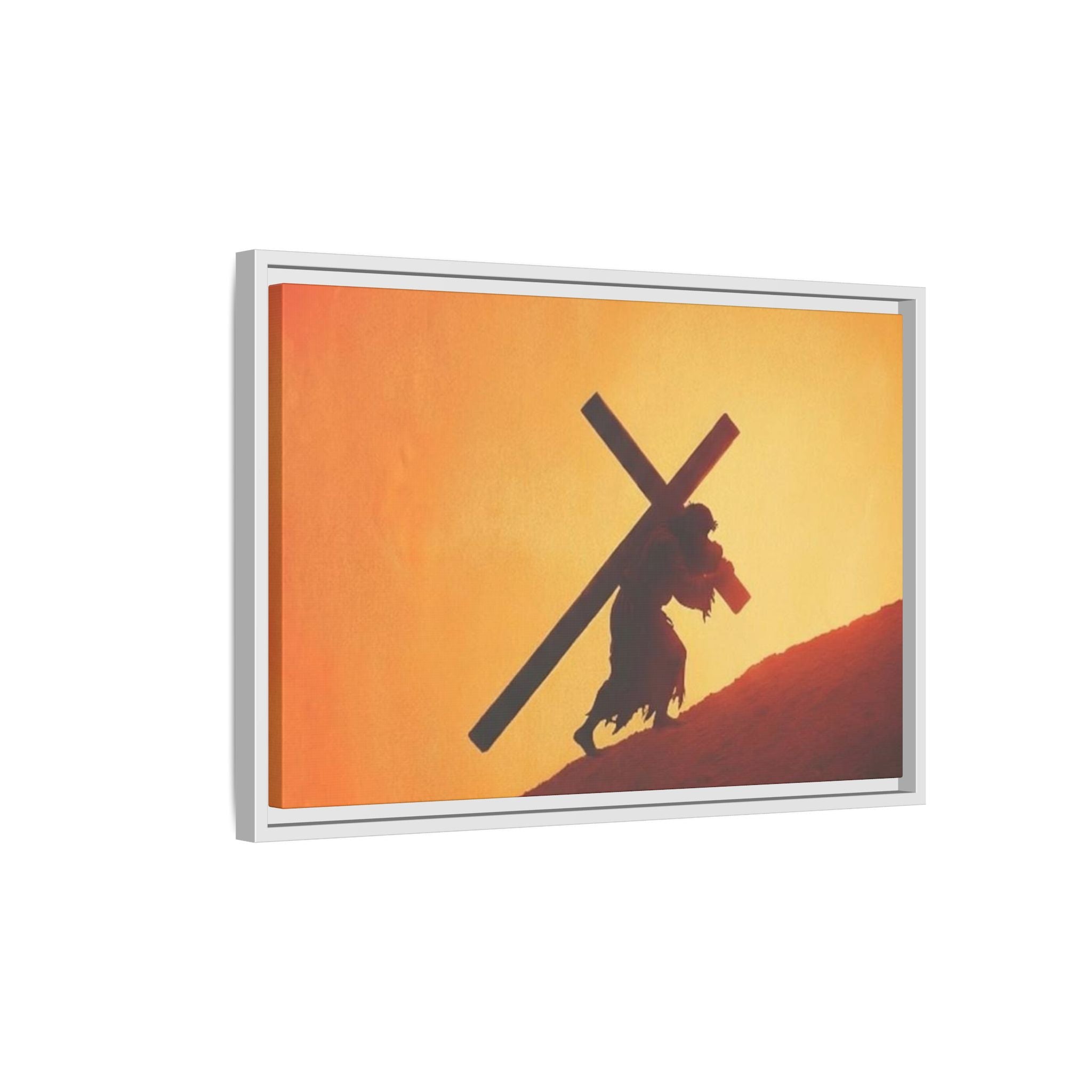 Jesus Christ Carrying Cross Framed Canvas — 'The World On His Shoulder' Sunset Art
