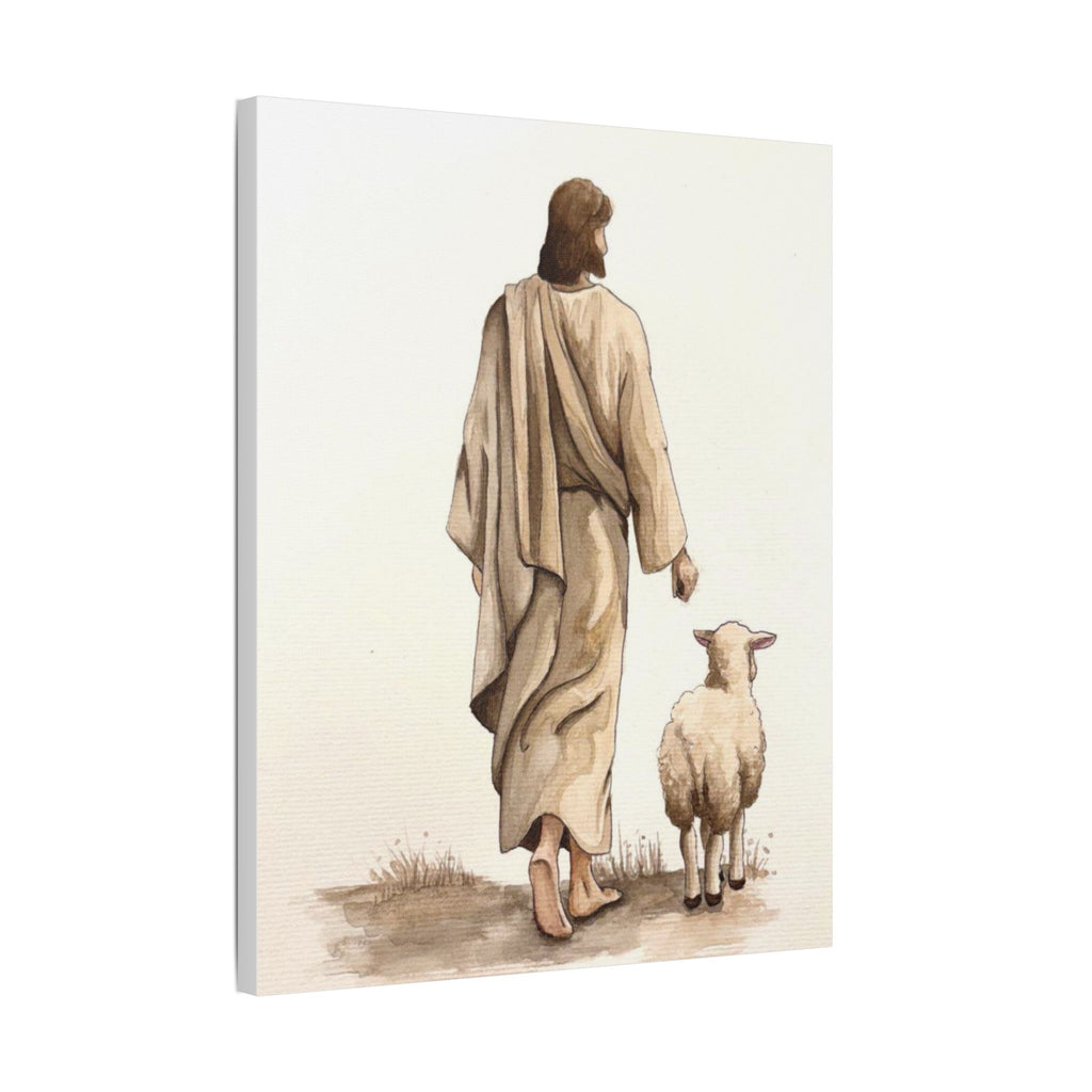 Jesus with Lamb Satin Canvas Wall Art – Christian Religious Stretched Canvas