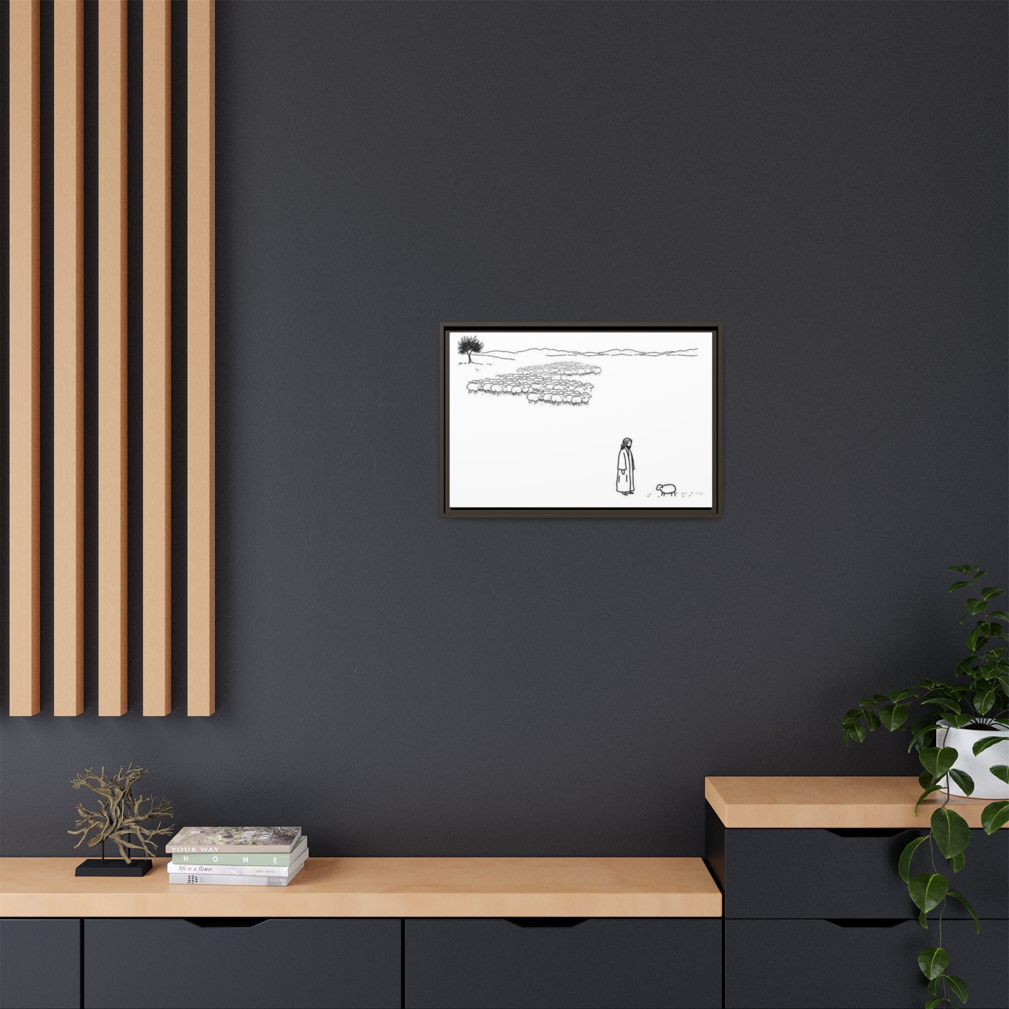 Framed Matte Canvas Print — Minimal The Good Shepherd & Flock Line Art