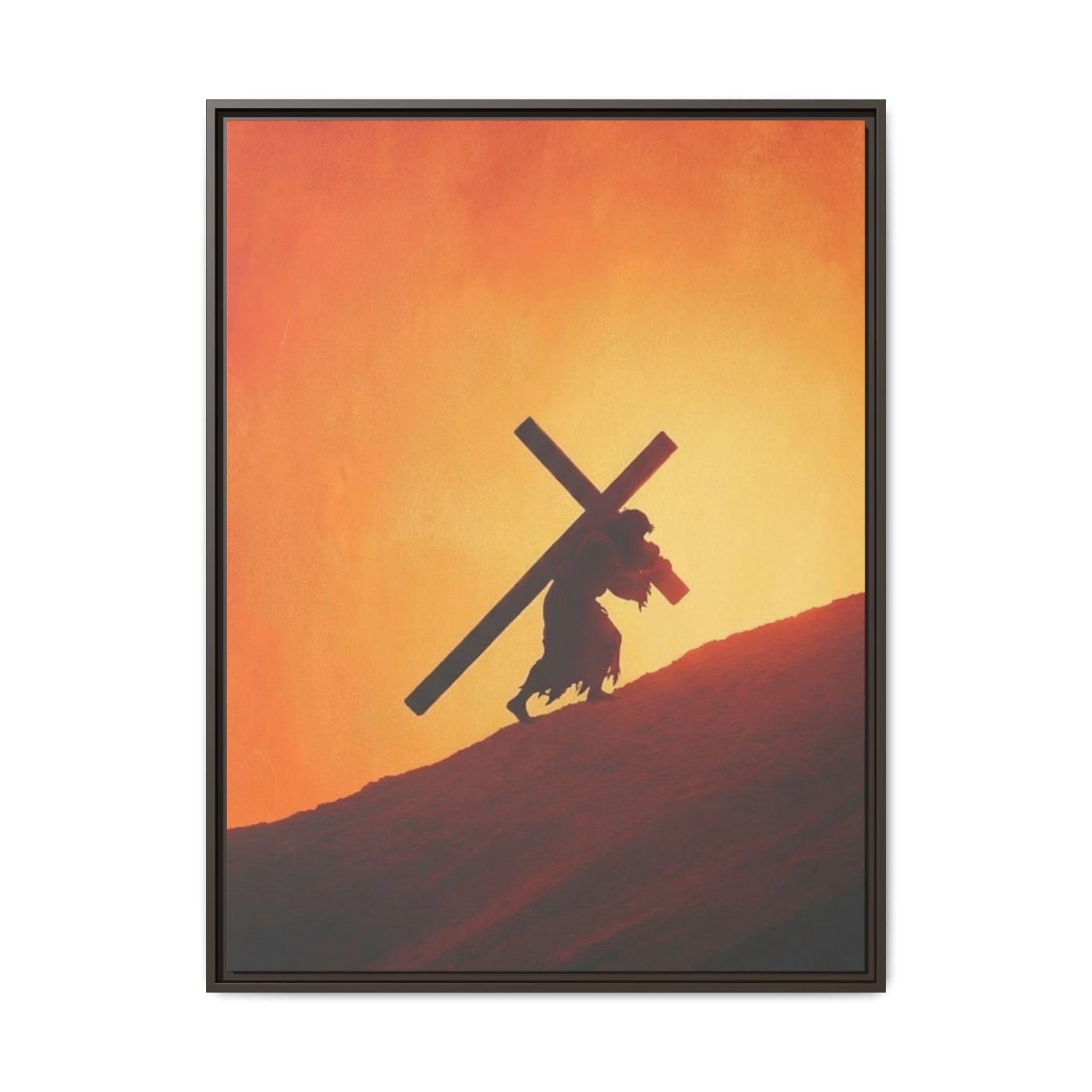 Jesus Christ Carrying Cross Framed Canvas — 'The World On His Shoulder' Sunset Art