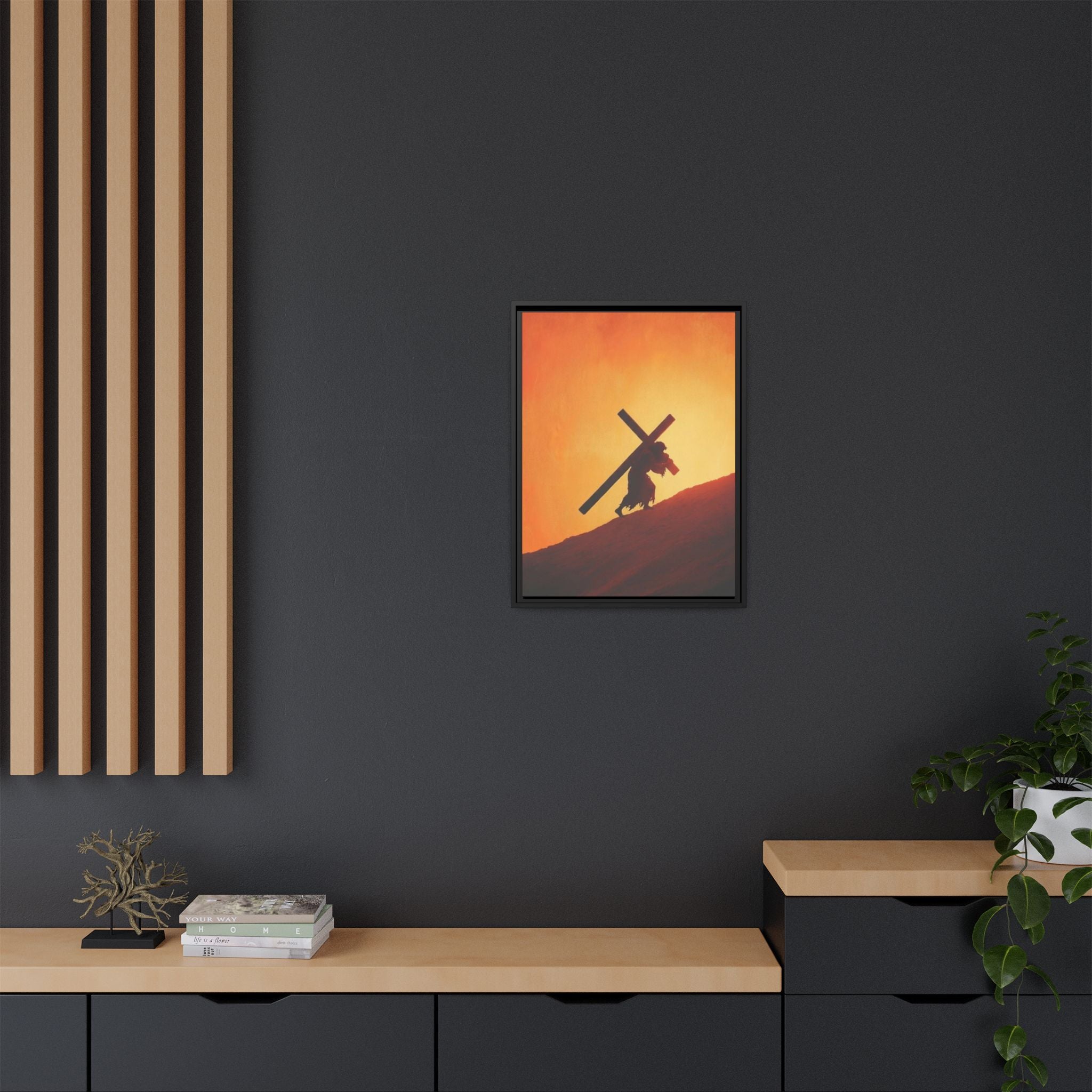 Jesus Christ Carrying Cross Framed Canvas — 'The World On His Shoulder' Sunset Art
