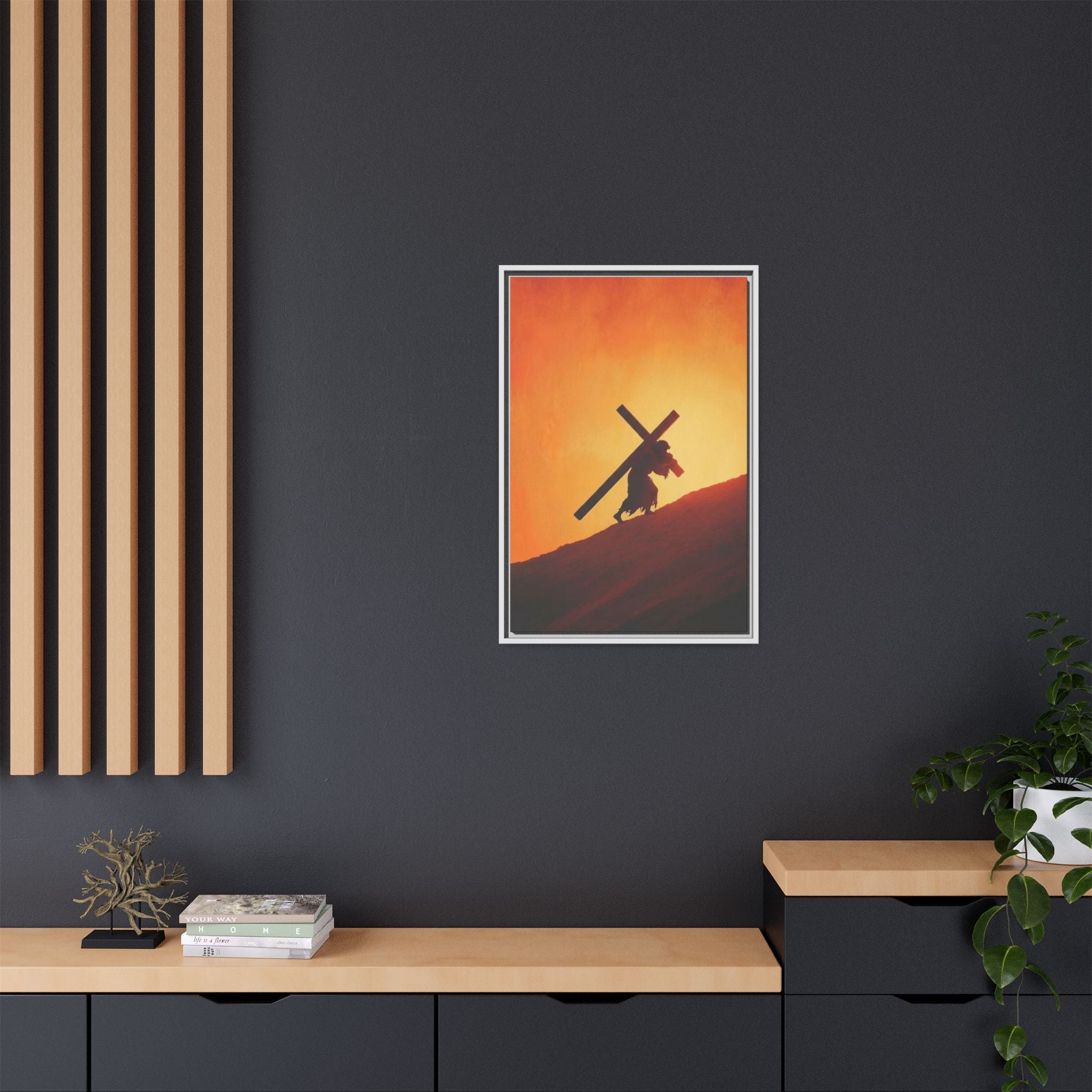 Jesus Christ Carrying Cross Framed Canvas — 'The World On His Shoulder' Sunset Art