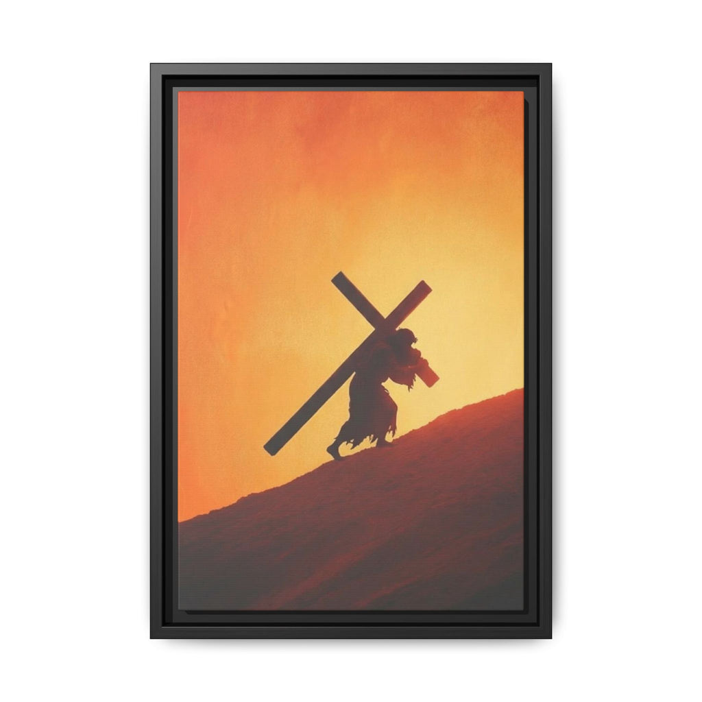 Jesus Christ Carrying Cross Framed Canvas — 'The World On His Shoulder' Sunset Art
