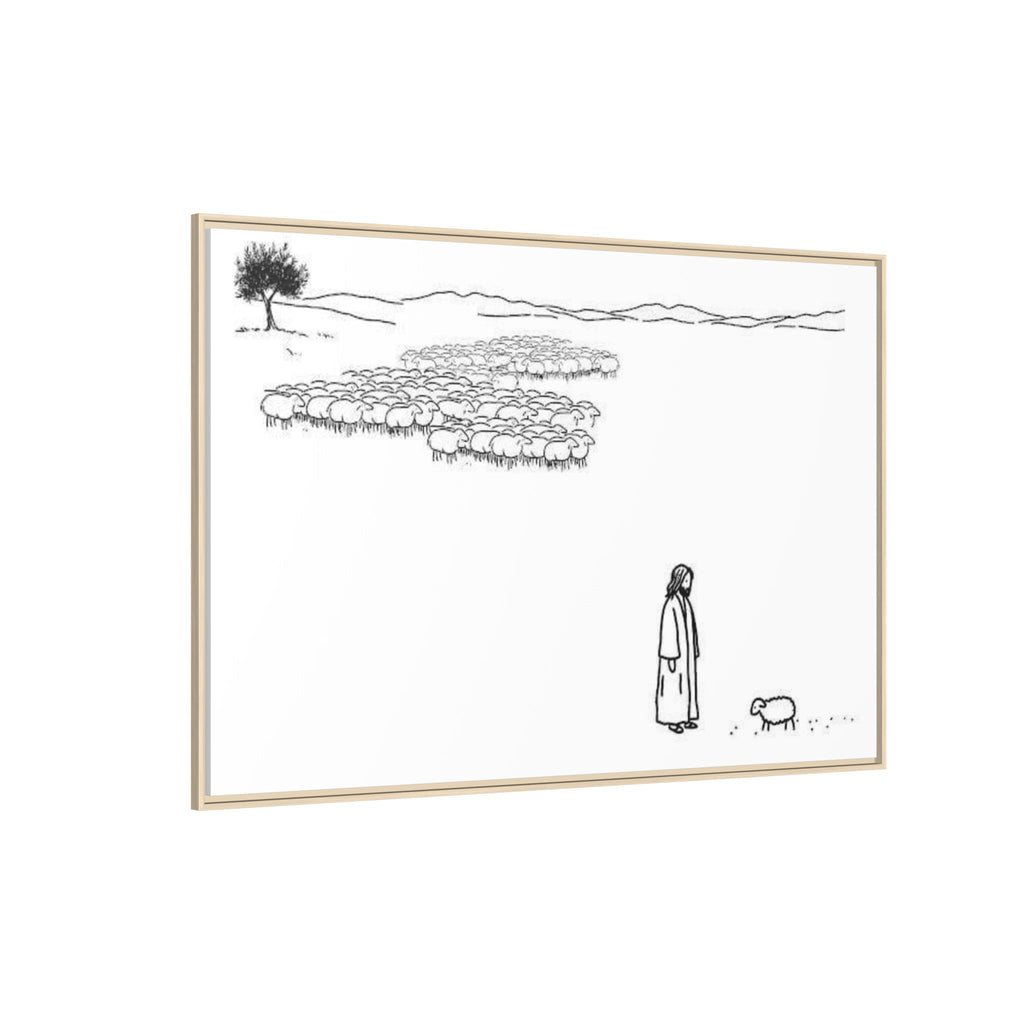 Framed Matte Canvas Print — Minimal The Good Shepherd & Flock Line Art