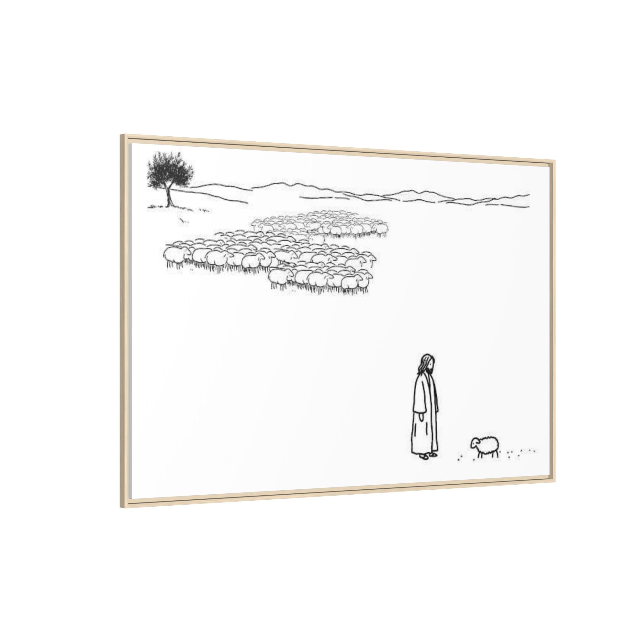 Framed Matte Canvas Print — Minimal The Good Shepherd & Flock Line Art