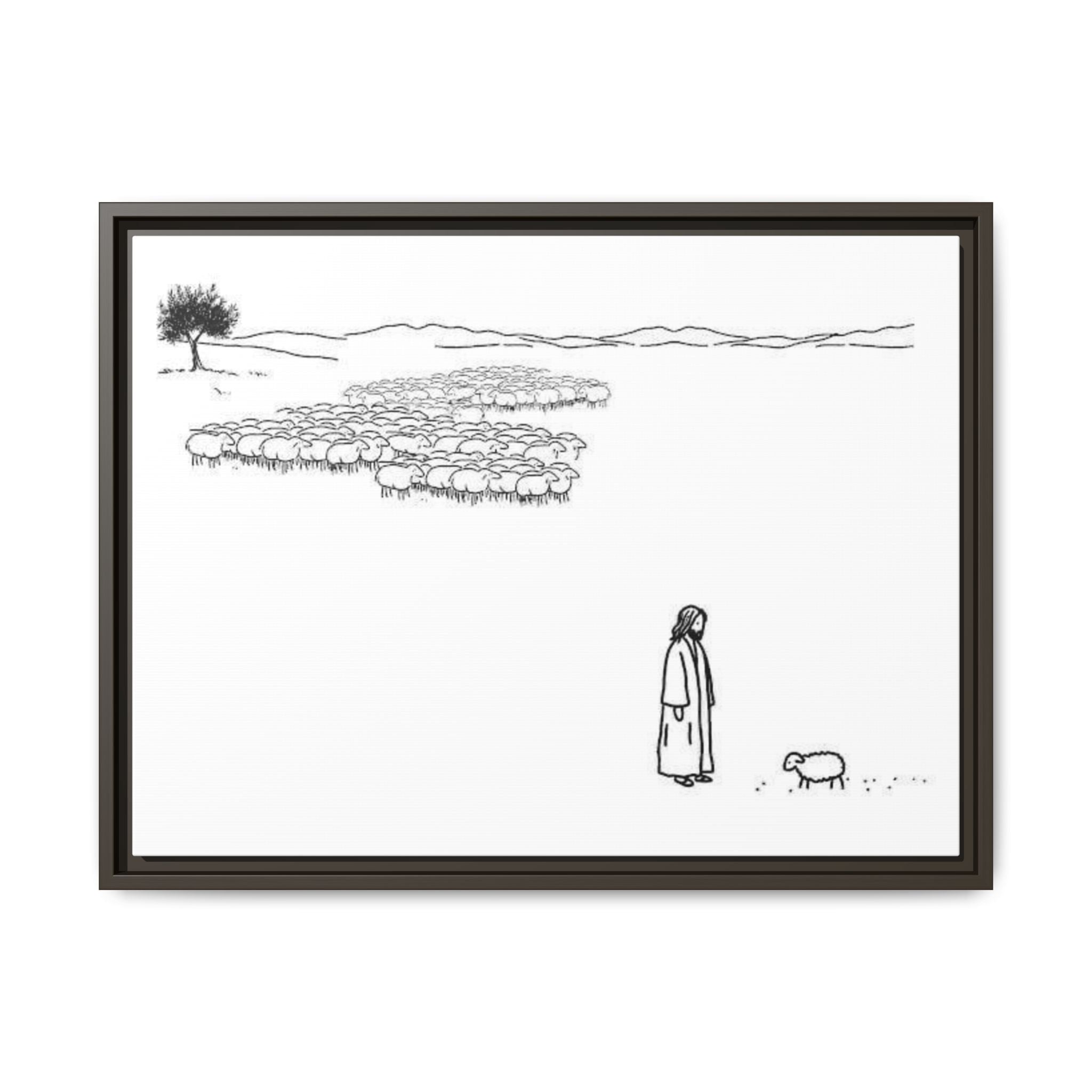 Framed Matte Canvas Print — Minimal The Good Shepherd & Flock Line Art