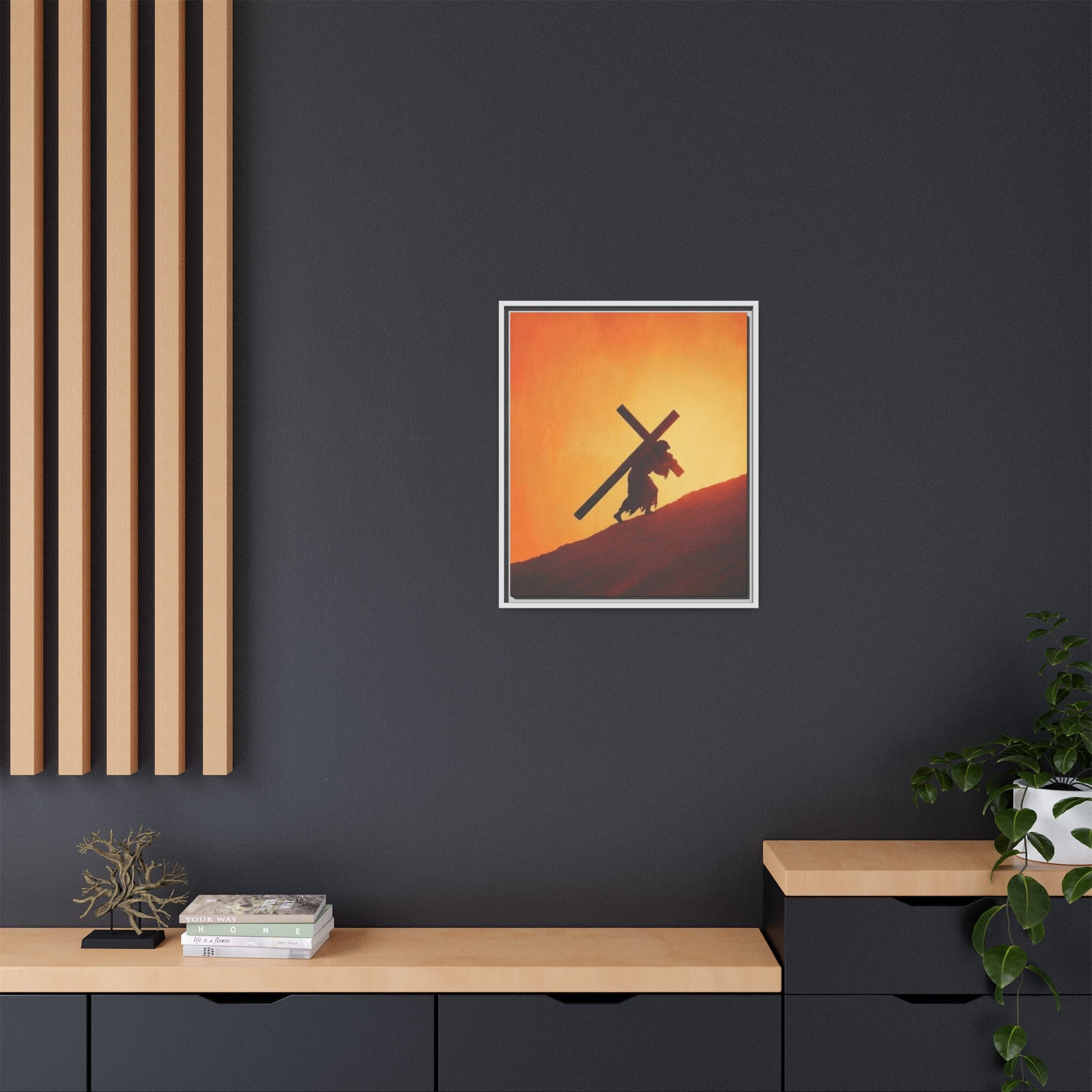 Jesus Christ Carrying Cross Framed Canvas — 'The World On His Shoulder' Sunset Art