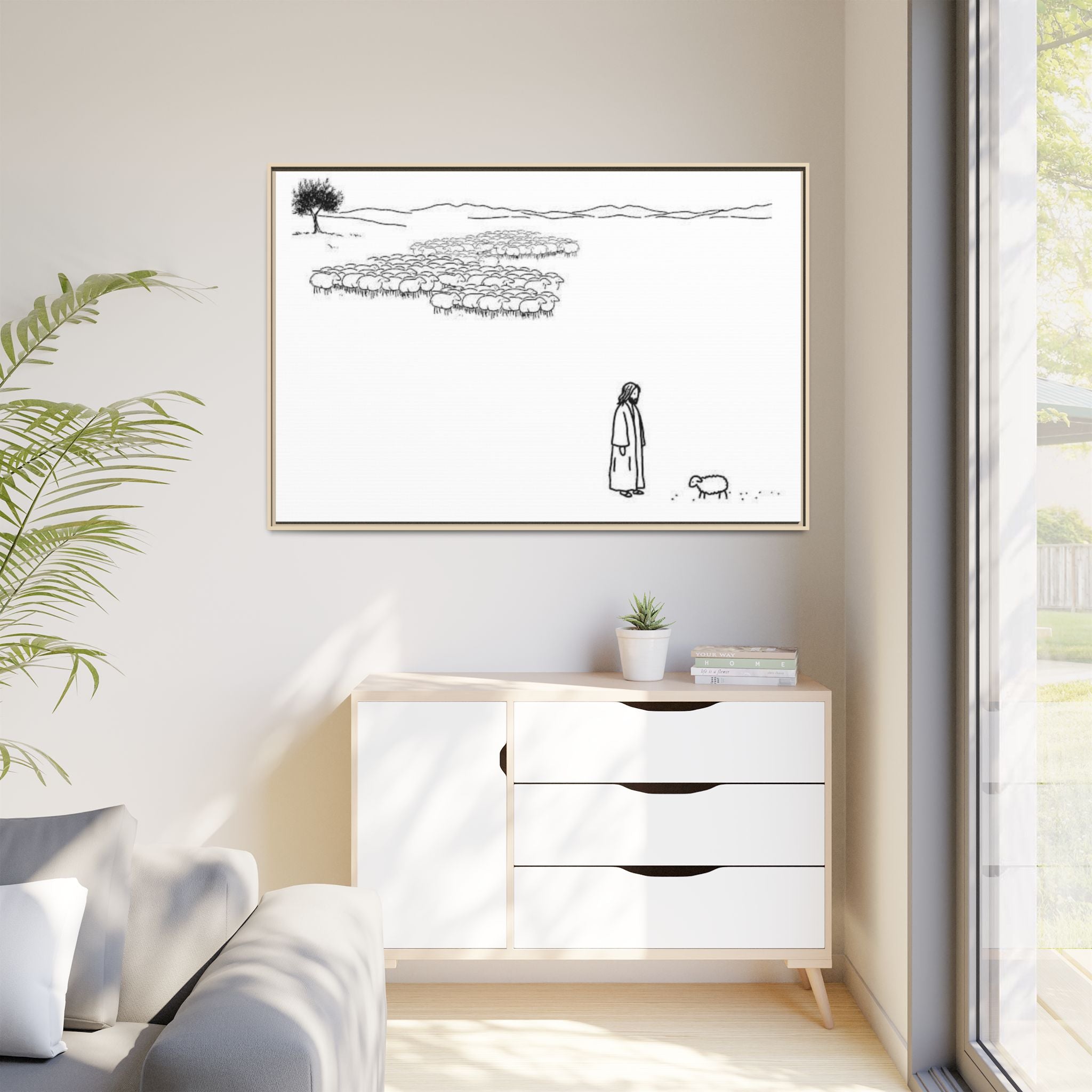 Framed Matte Canvas Print — Minimal The Good Shepherd & Flock Line Art