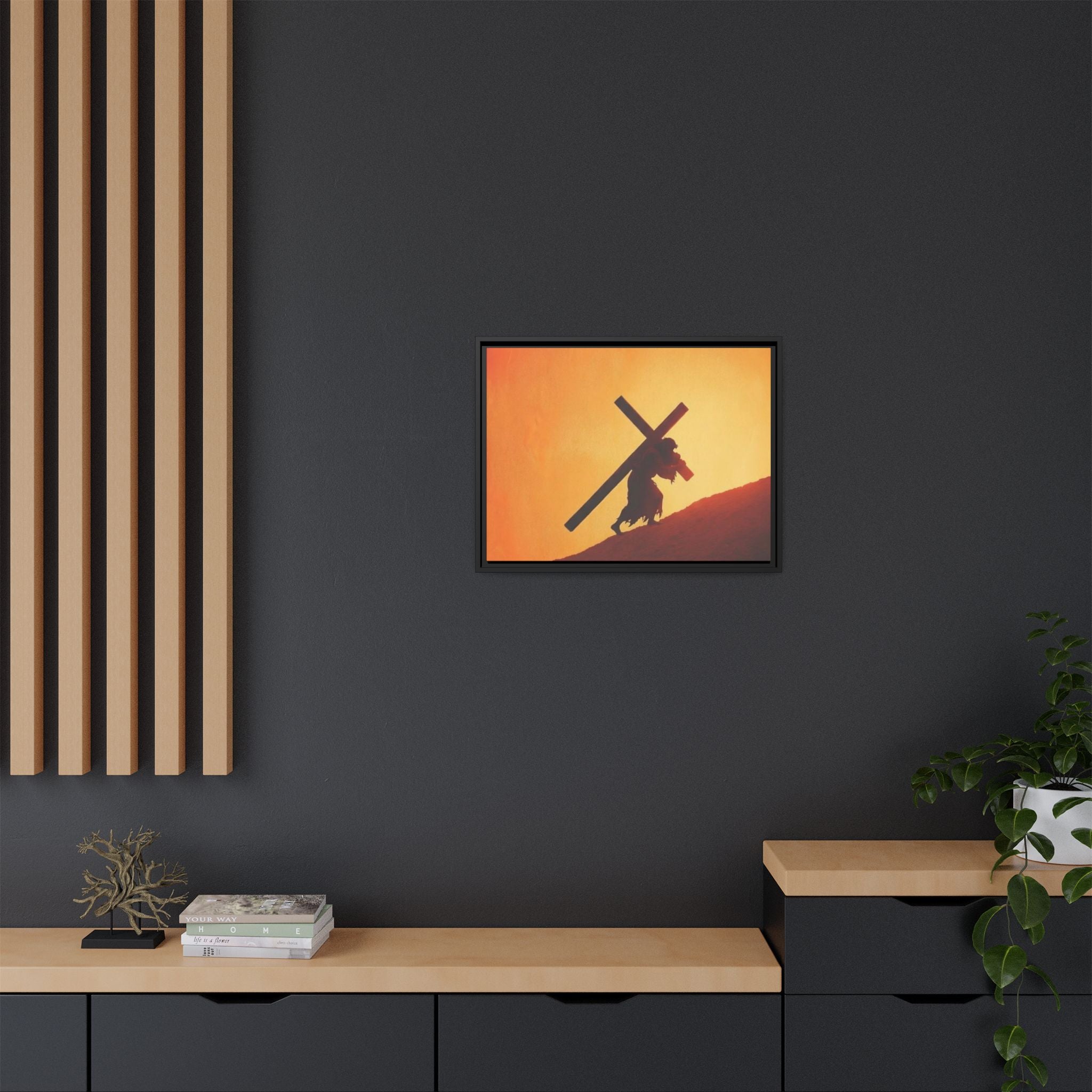 Jesus Christ Carrying Cross Framed Canvas — 'The World On His Shoulder' Sunset Art