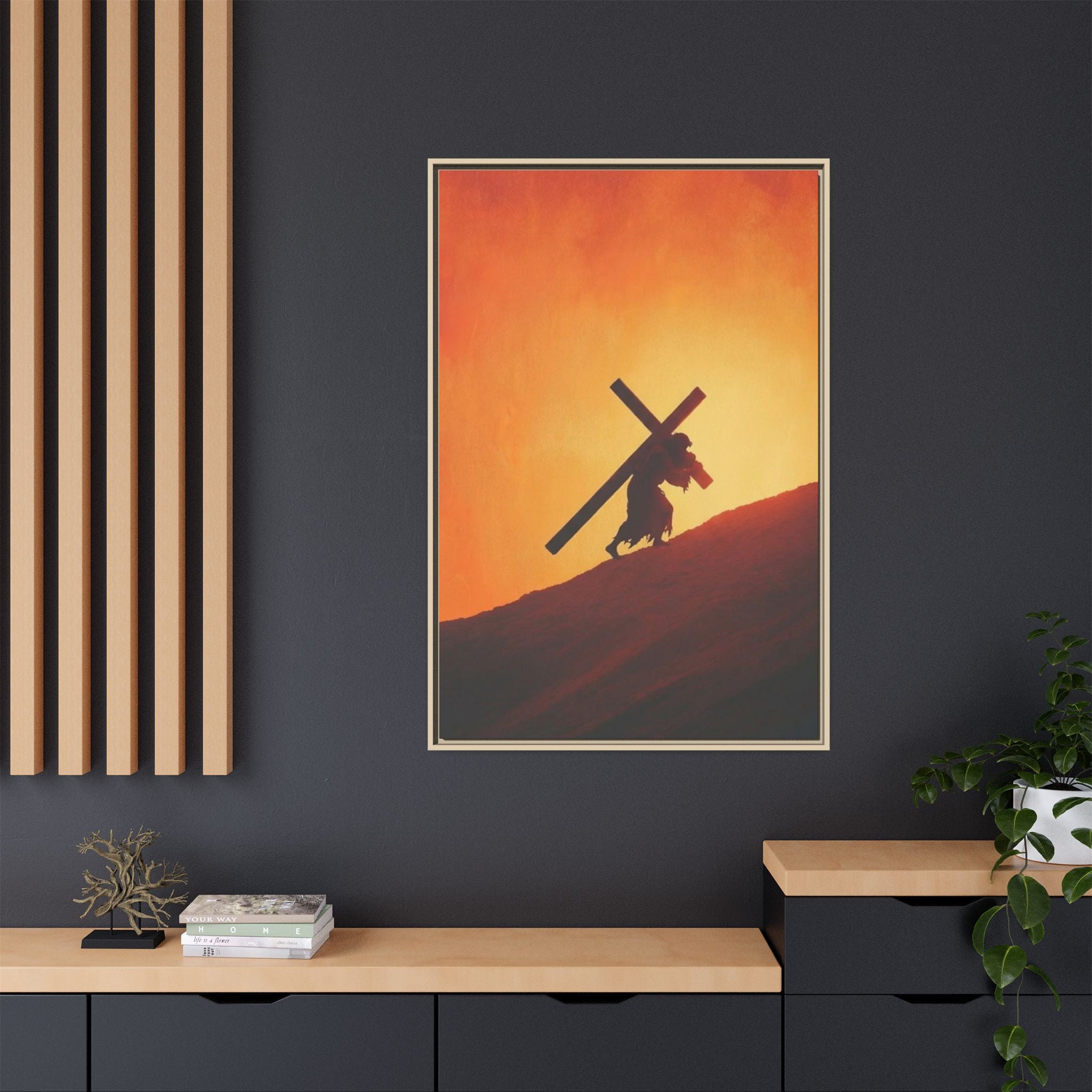 Jesus Christ Carrying Cross Framed Canvas — 'The World On His Shoulder' Sunset Art