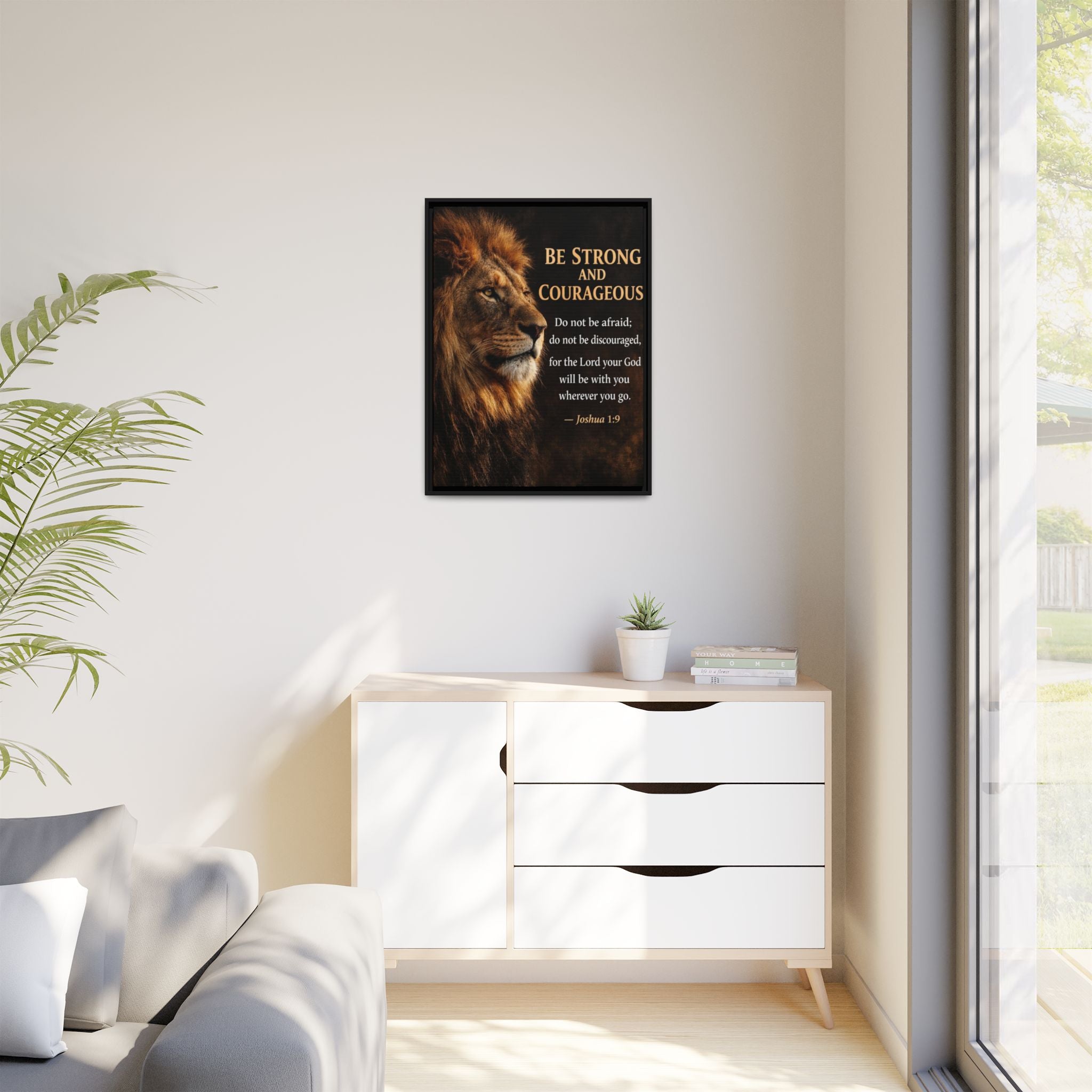 Framed Lion Canvas Print - "Be Strong and Courageous" Joshua 1:9 Inspirational Wall Art