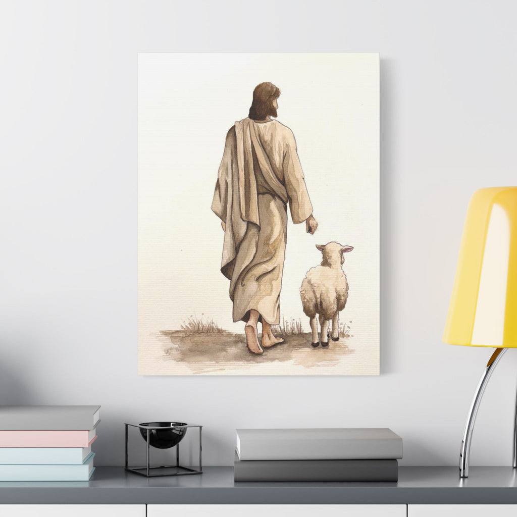 Jesus with Lamb Satin Canvas Wall Art – Christian Religious Stretched Canvas