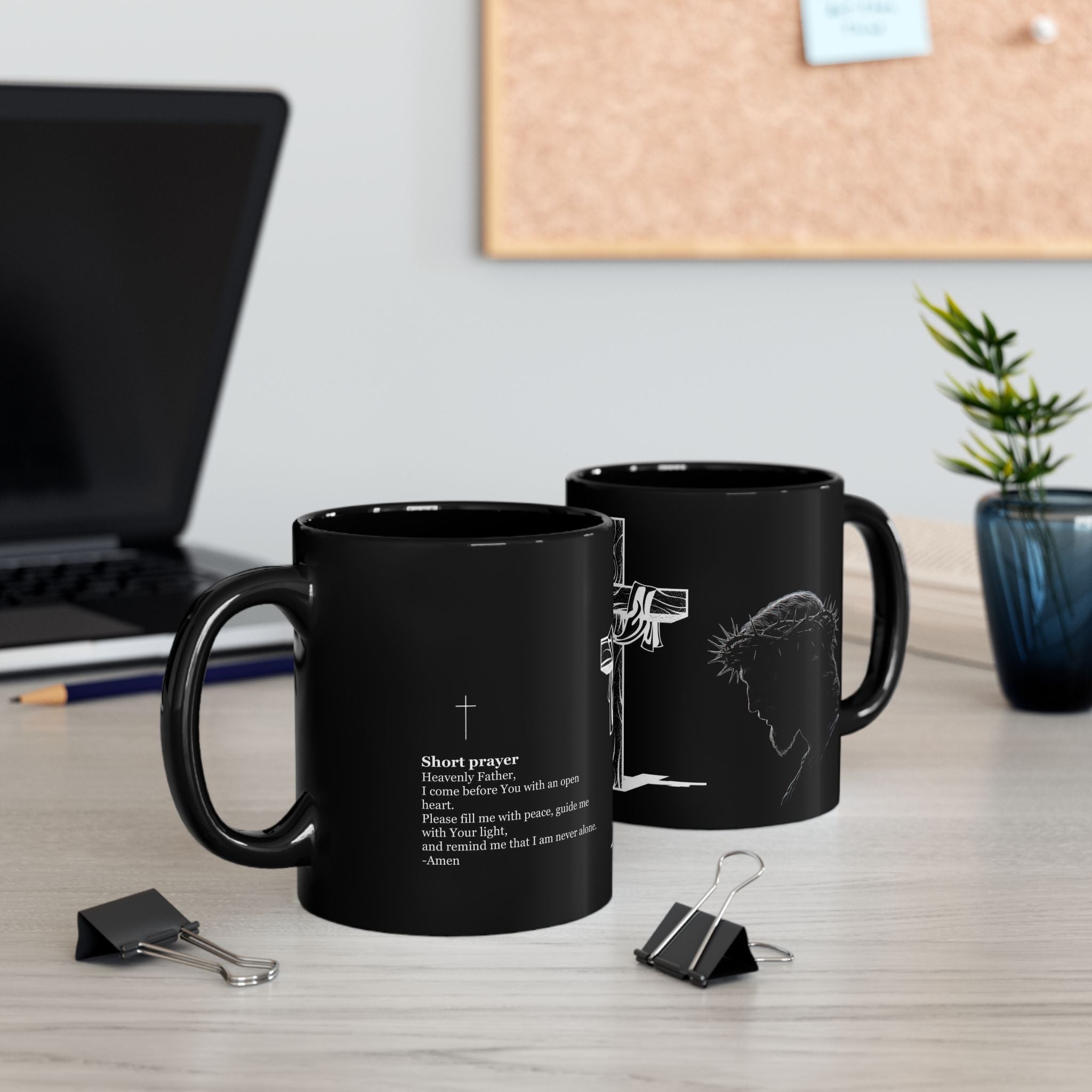 Christian Cross & Crown of Thorns Black Coffee Mug — Inspirational Scripture Gift (11oz/15oz)