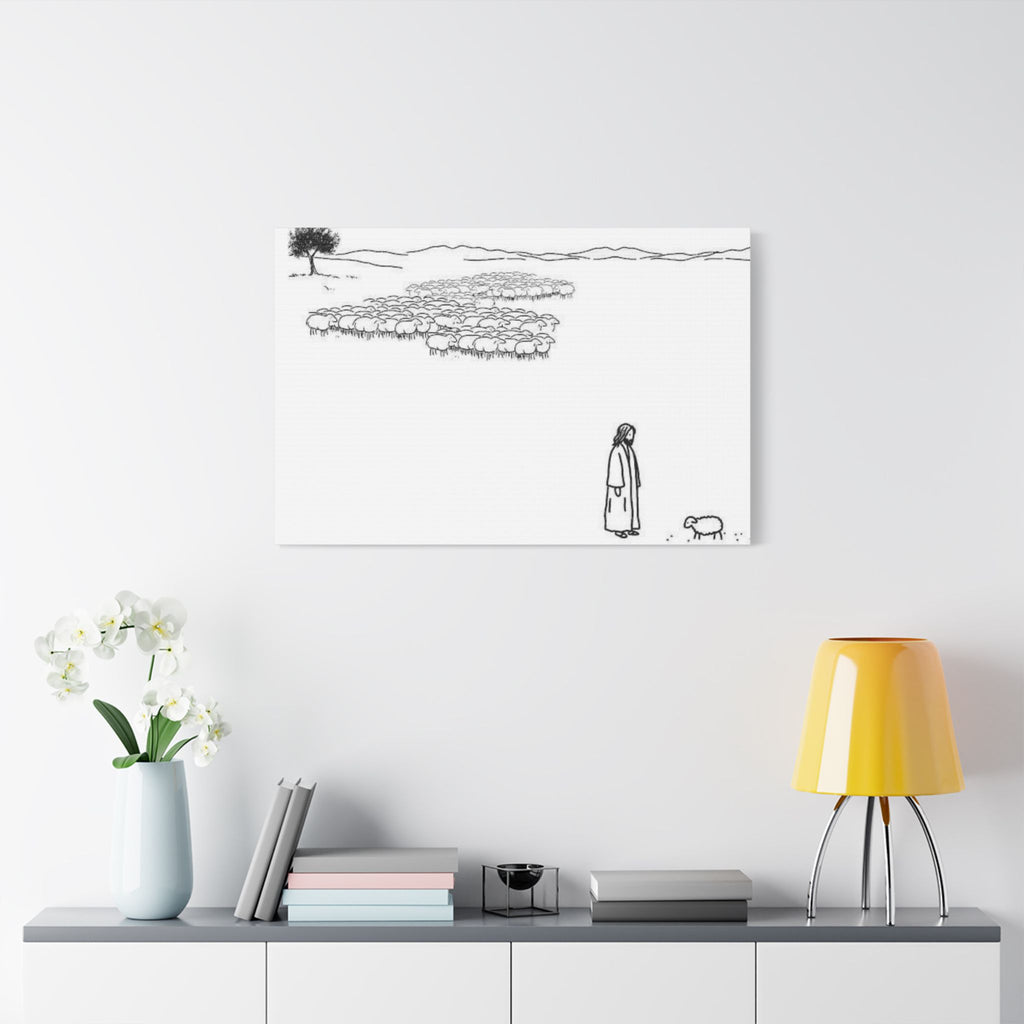 Jesus With One Lost Sheep Satin Canvas Wall Art