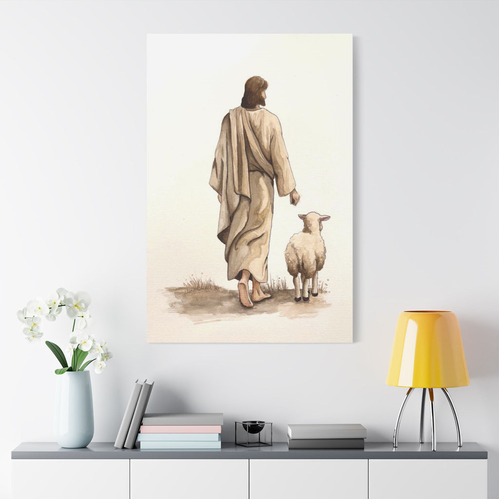 Jesus with Lamb Satin Canvas Wall Art – Christian Religious Stretched Canvas