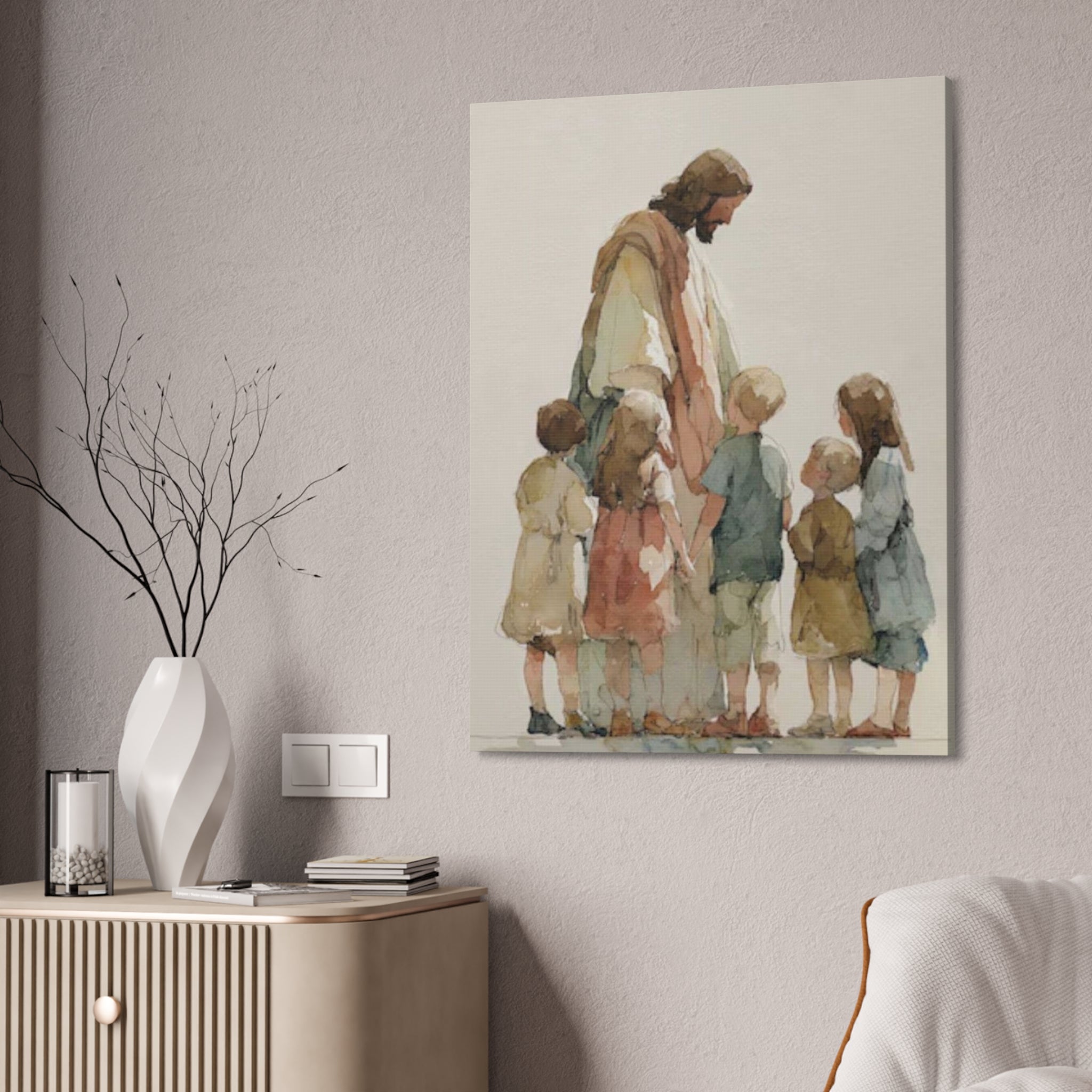 Faithful Father and Children Watercolor Canvas Print — Religious Nursery Wall Art