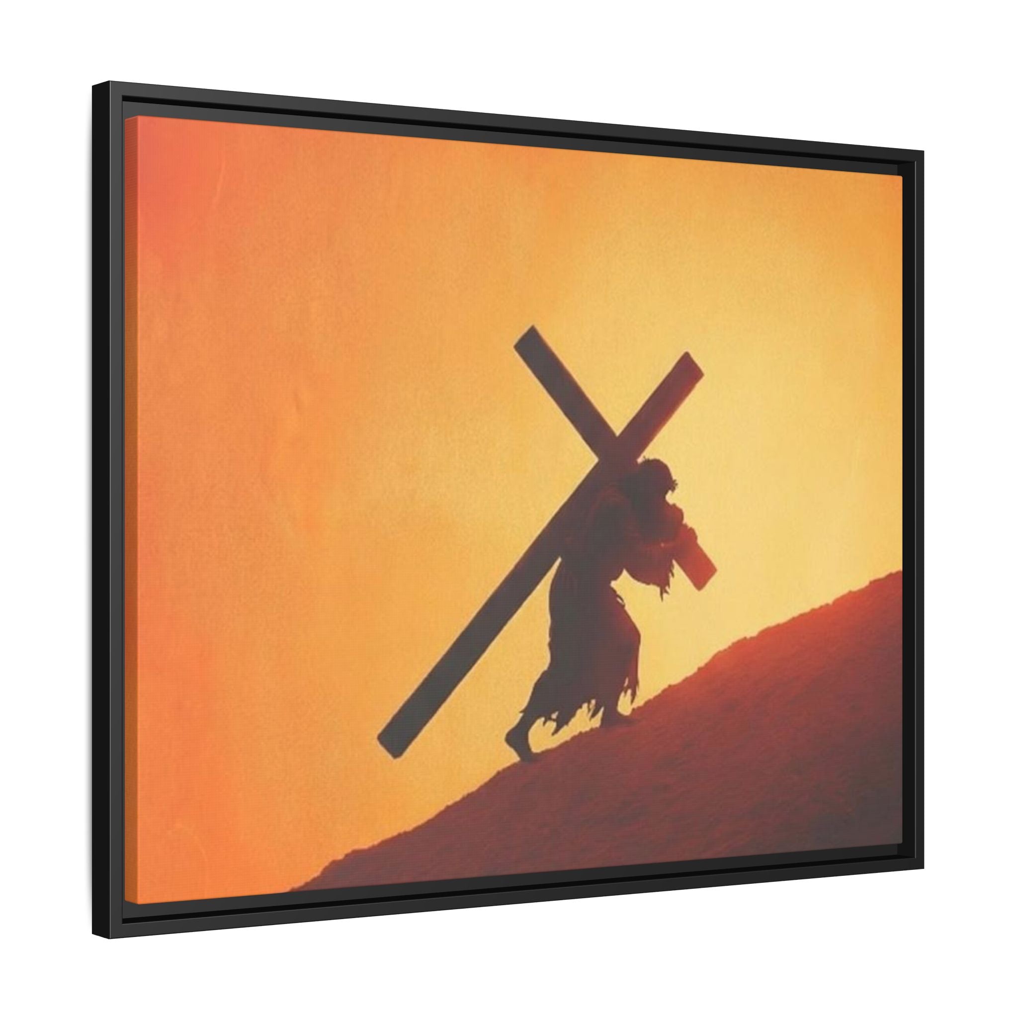 Jesus Christ Carrying Cross Framed Canvas — 'The World On His Shoulder' Sunset Art