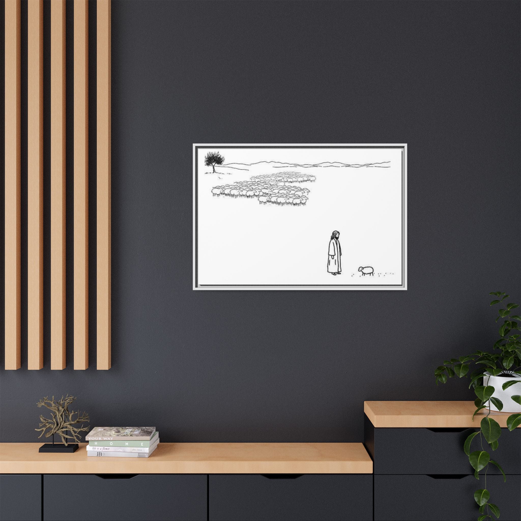 Framed Matte Canvas Print — Minimal The Good Shepherd & Flock Line Art