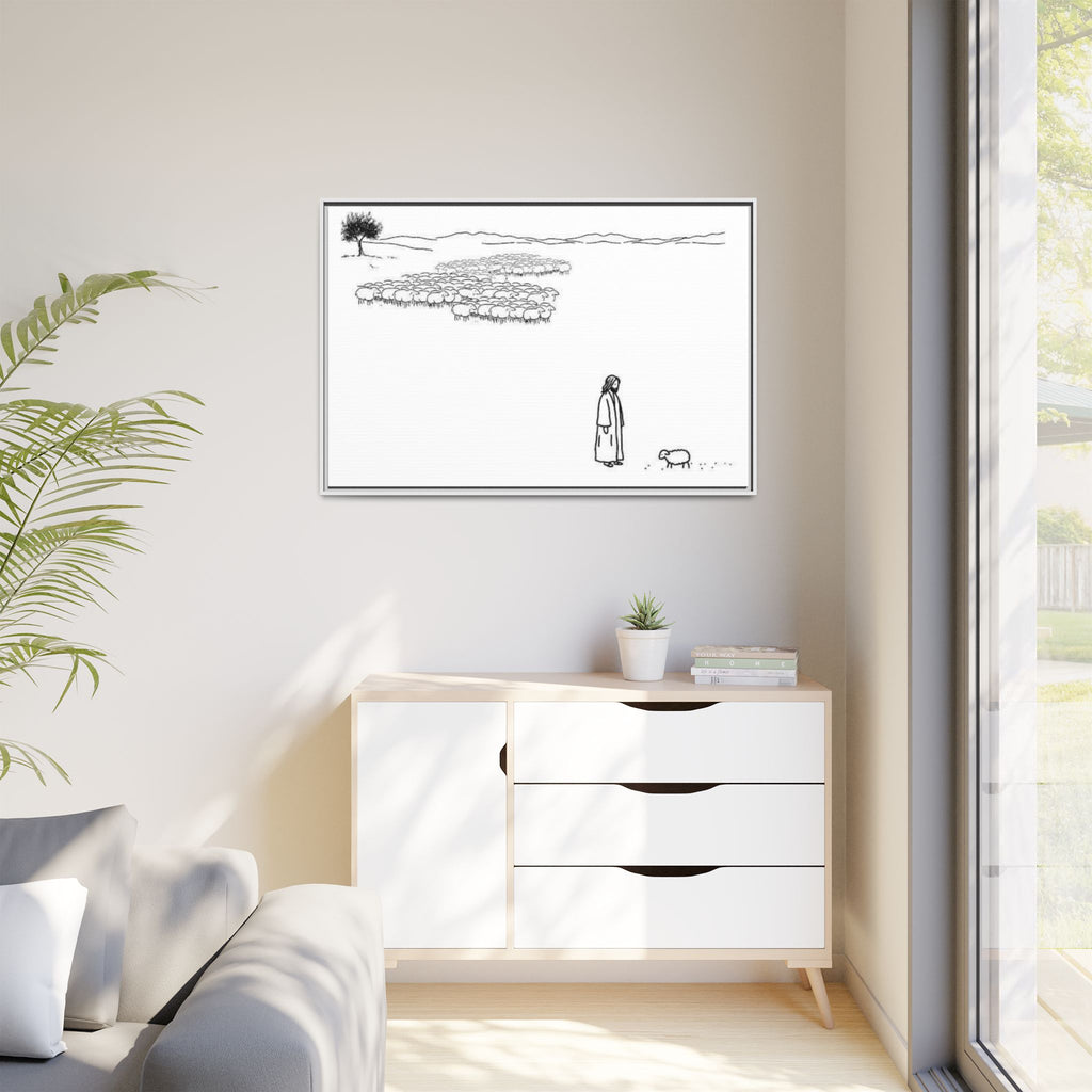 Framed Matte Canvas Print — Minimal The Good Shepherd & Flock Line Art