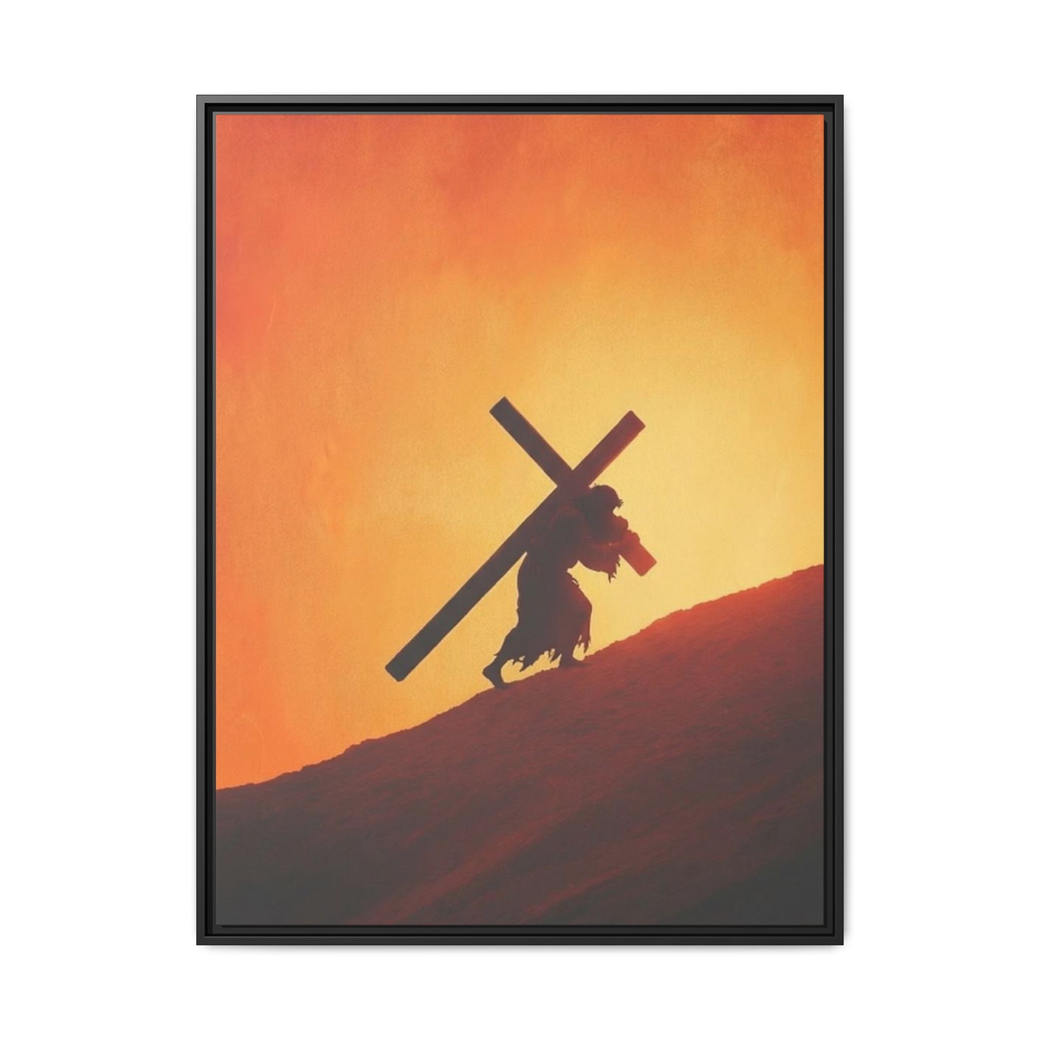 Jesus Christ Carrying Cross Framed Canvas — 'The World On His Shoulder' Sunset Art