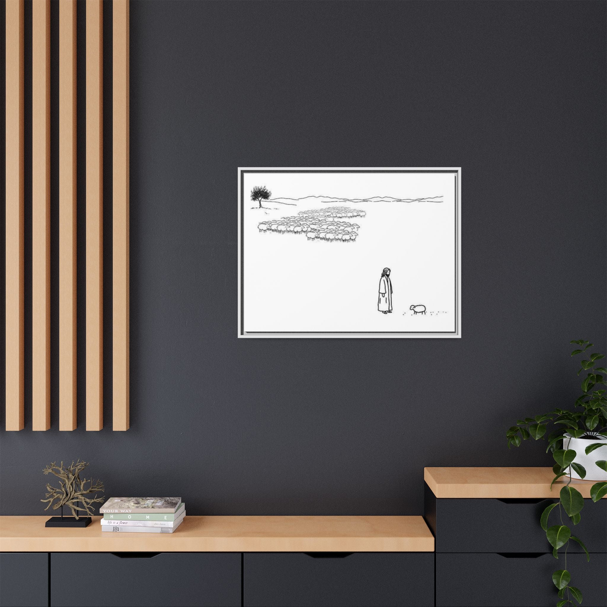 Framed Matte Canvas Print — Minimal The Good Shepherd & Flock Line Art