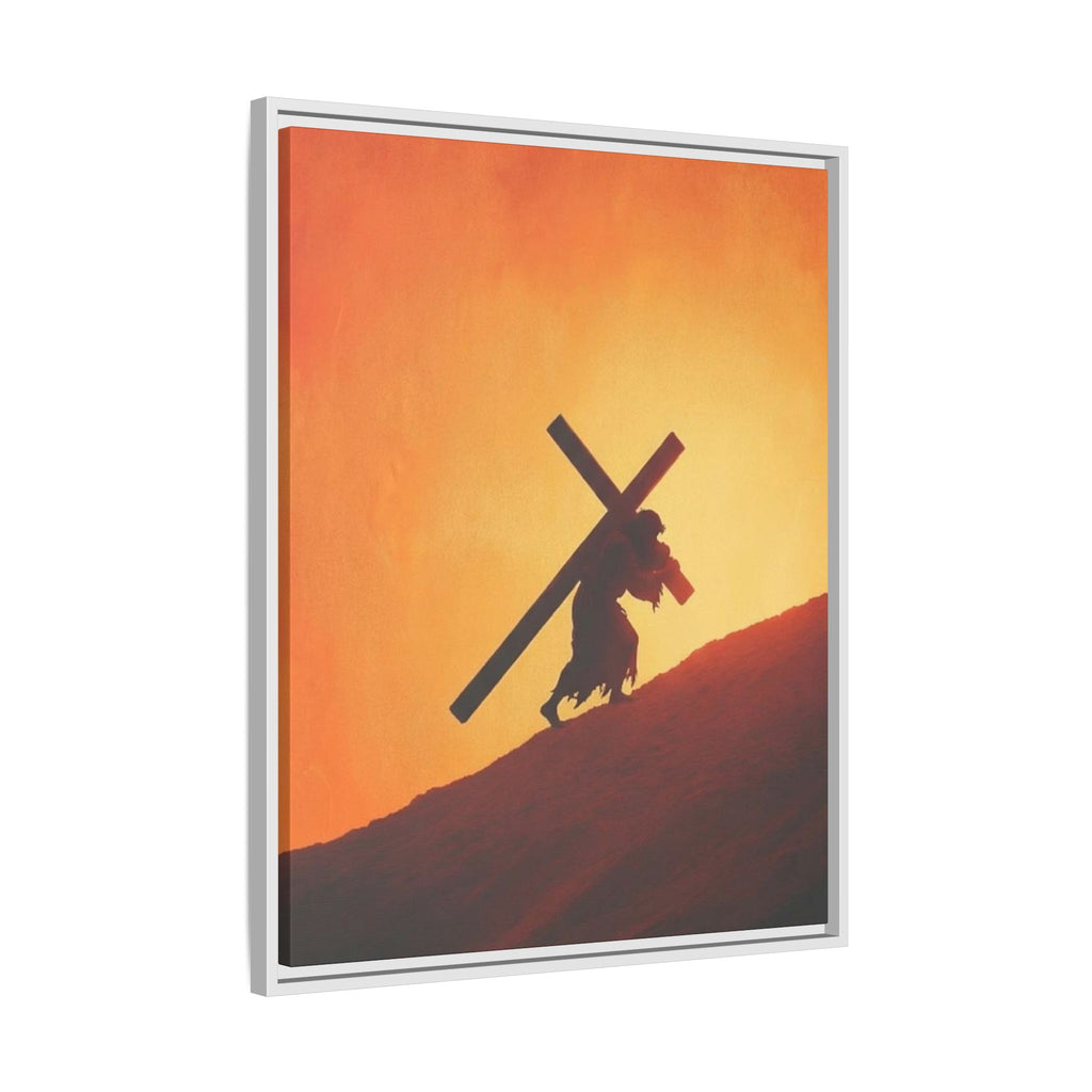 Jesus Christ Carrying Cross Framed Canvas — 'The World On His Shoulder' Sunset Art