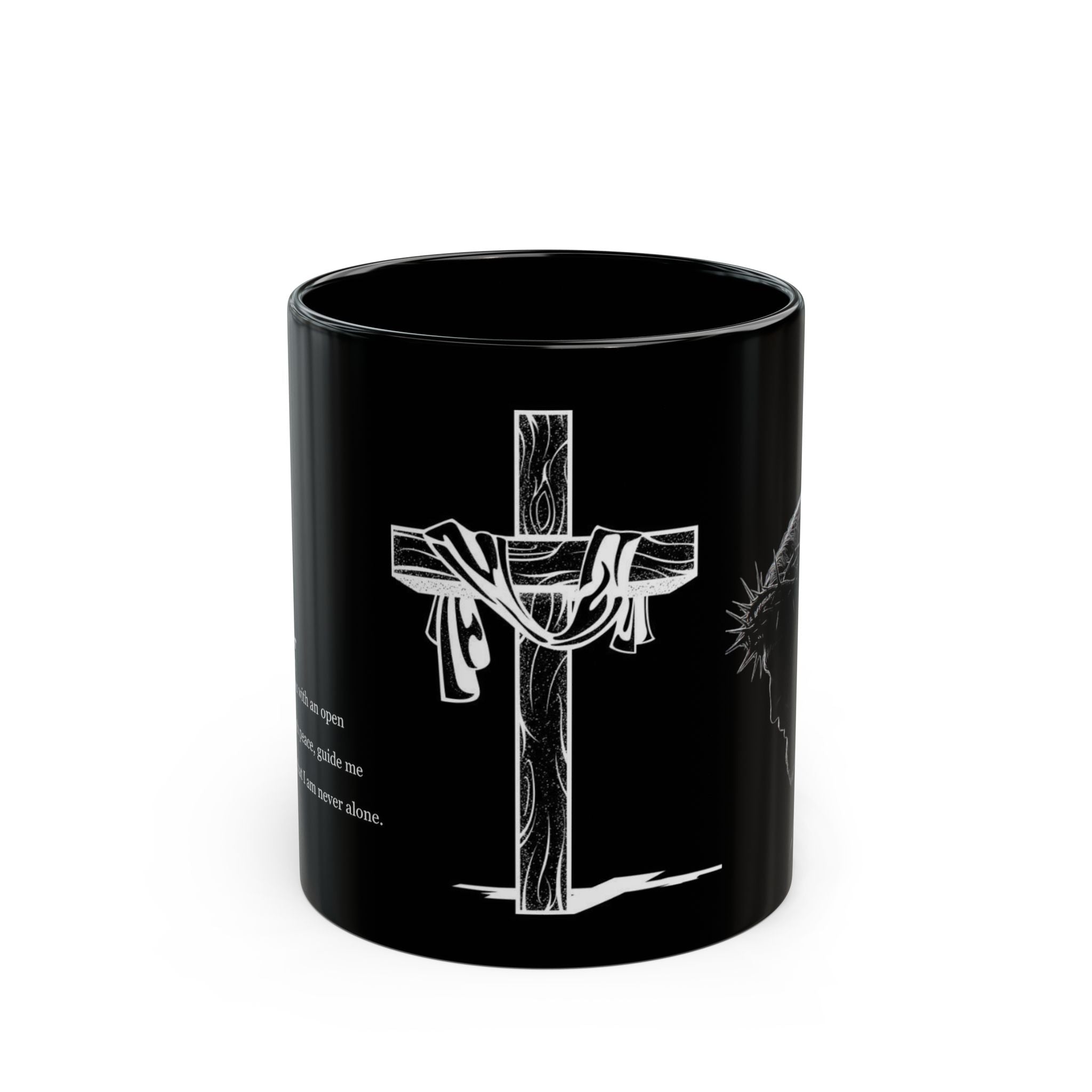 Christian Cross & Crown of Thorns Black Coffee Mug — Inspirational Scripture Gift (11oz/15oz)