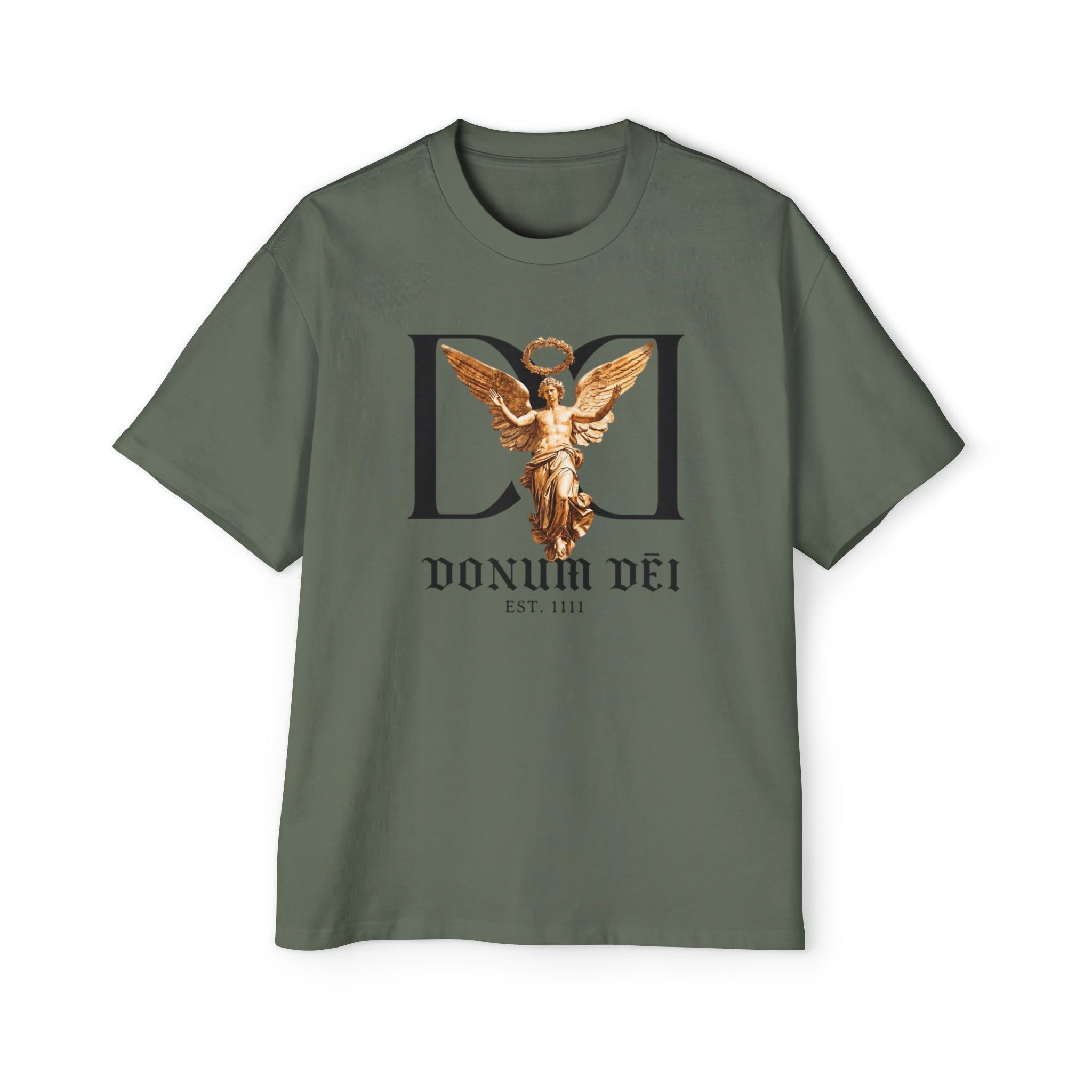 Donum Dei Angel Graphic Tee — Vintage Roman Lettering Men’s Oversized T‑Shirt