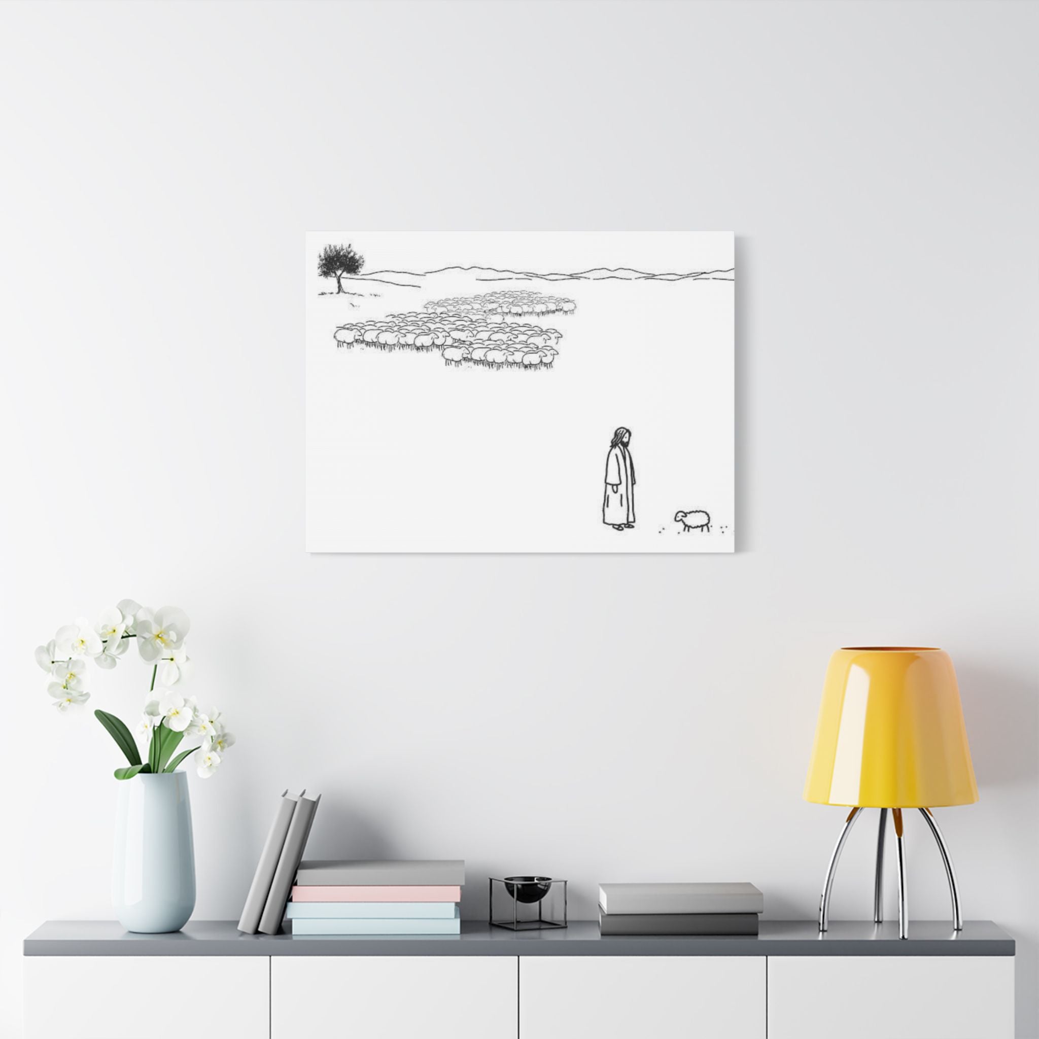 Jesus With One Lost Sheep Satin Canvas Wall Art