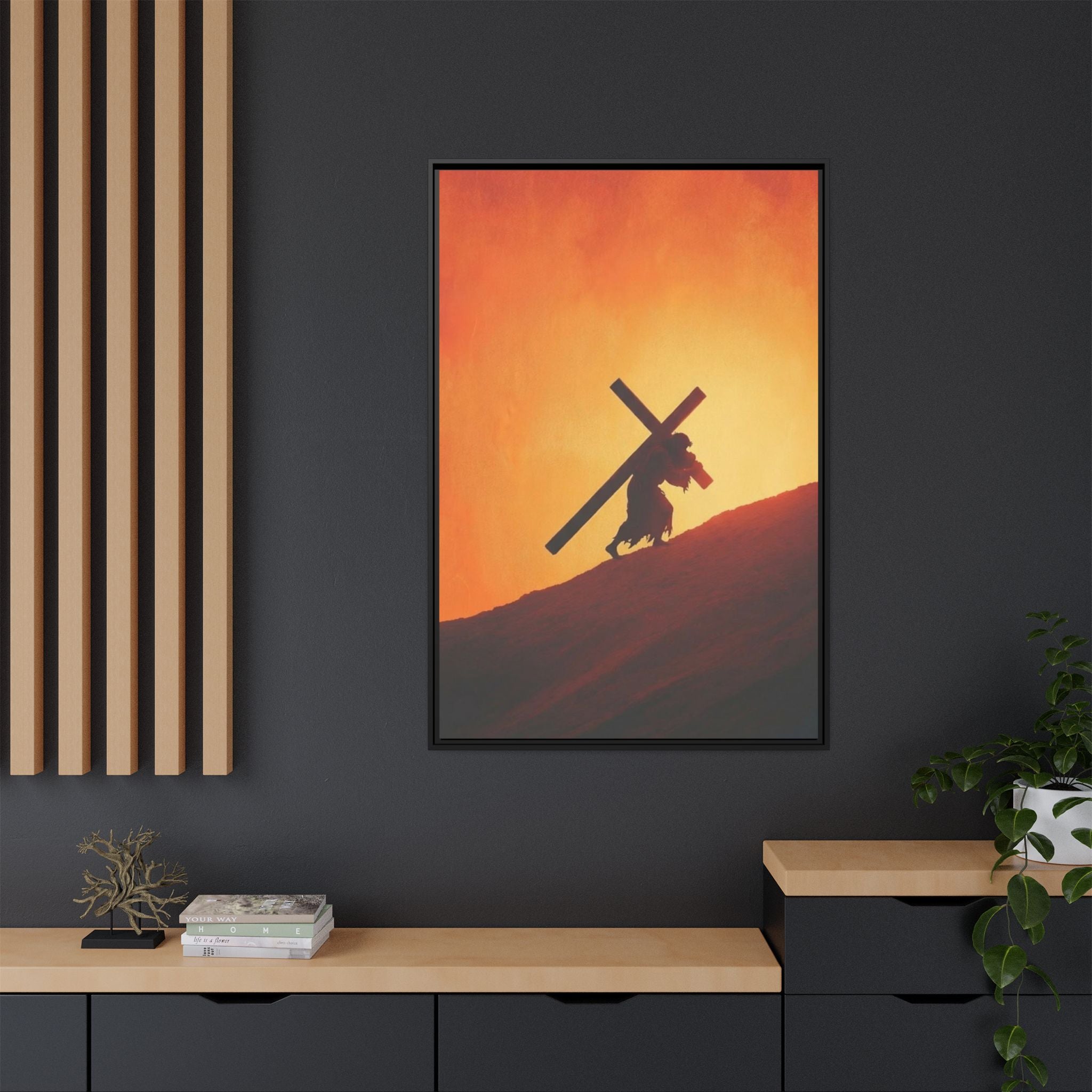 Jesus Christ Carrying Cross Framed Canvas — 'The World On His Shoulder' Sunset Art