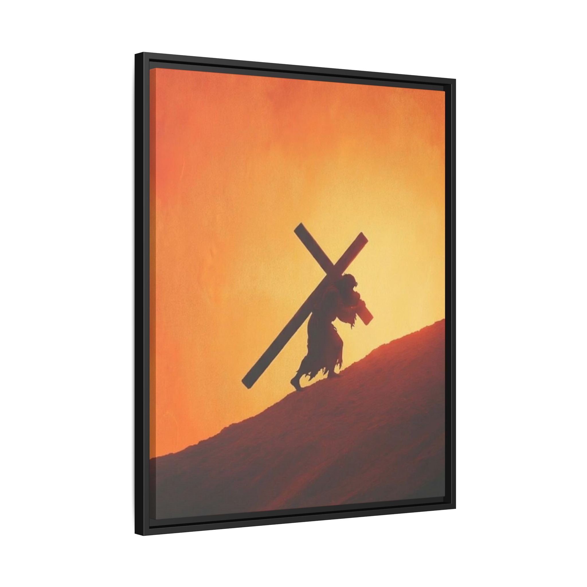 Jesus Christ Carrying Cross Framed Canvas — 'The World On His Shoulder' Sunset Art