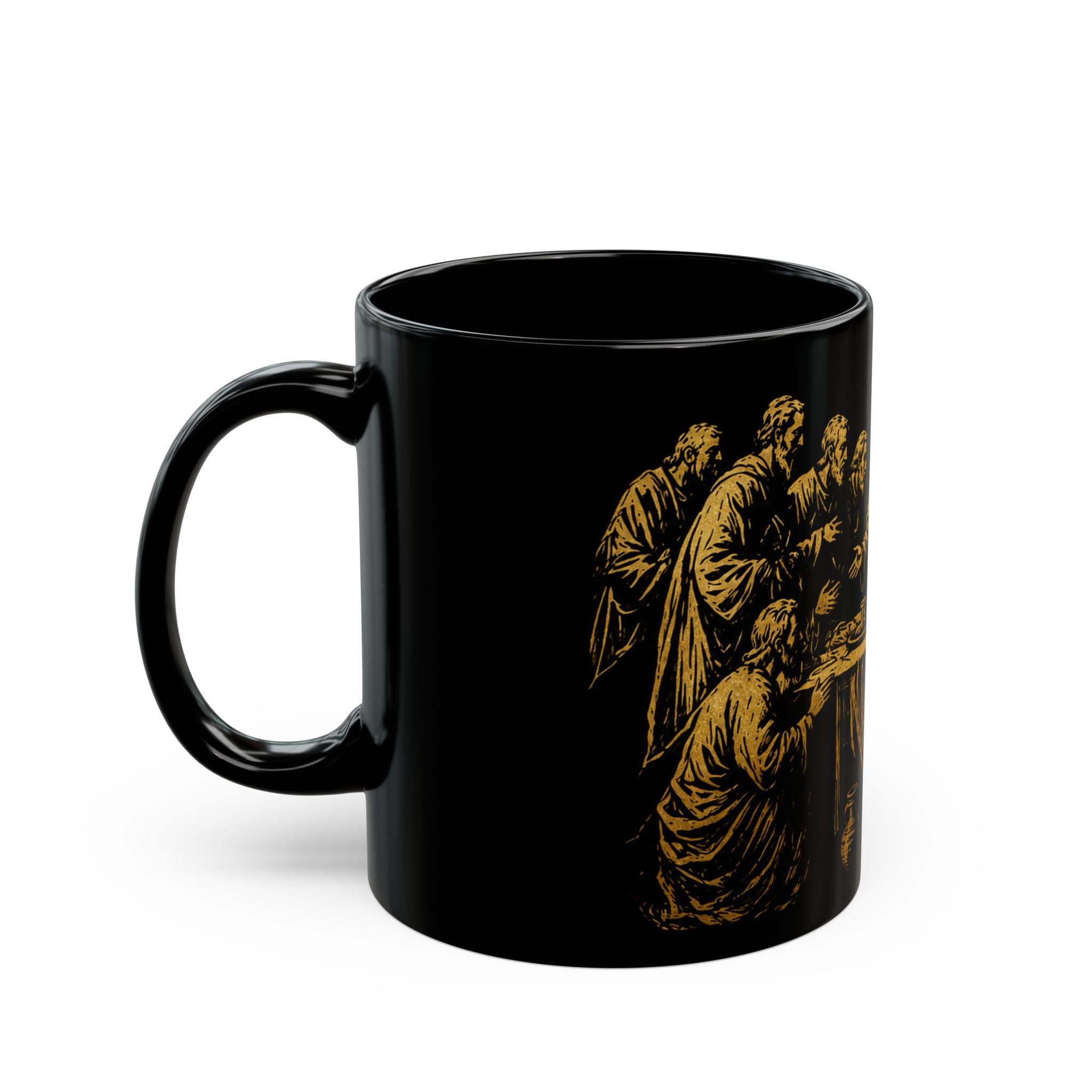 The Last Supper Black Ceramic Mug — Gold Religious Coffee Cup (11oz/15oz)