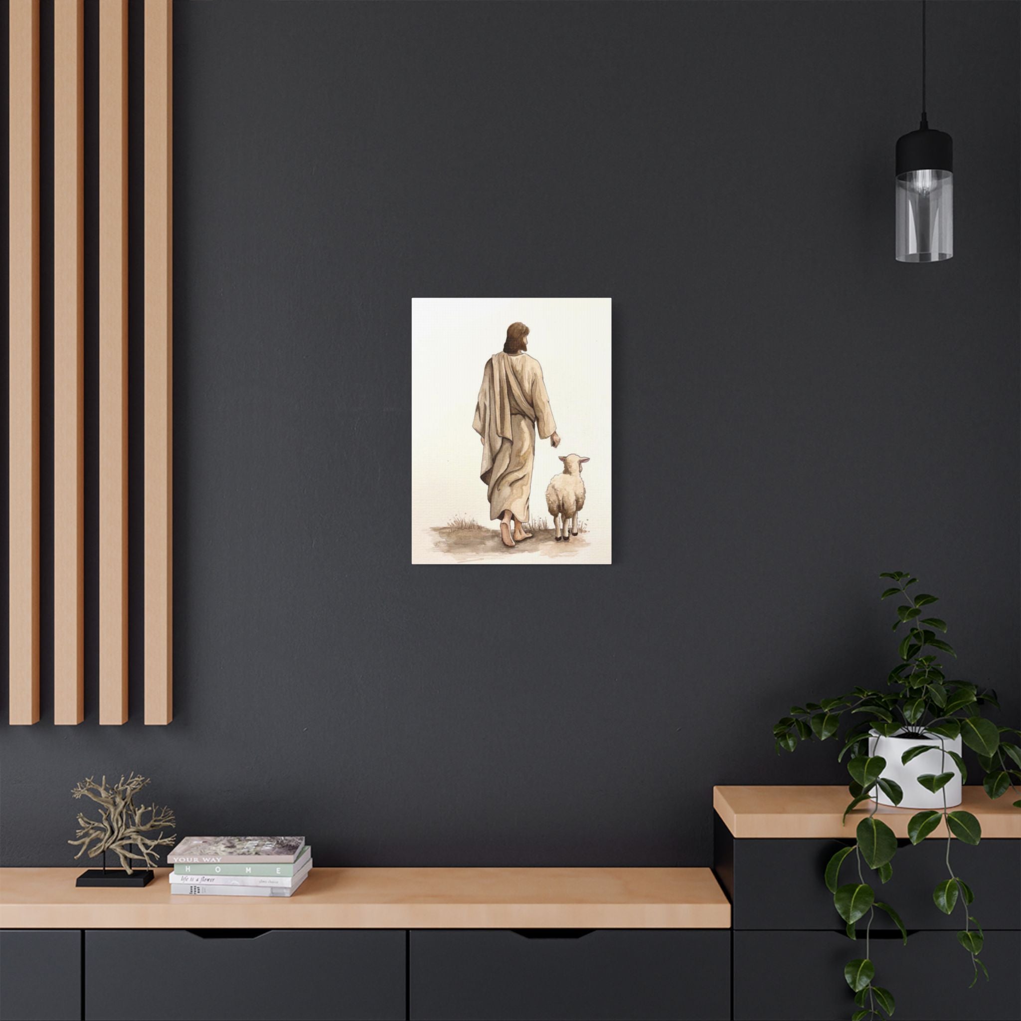 Jesus with Lamb Satin Canvas Wall Art – Christian Religious Stretched Canvas