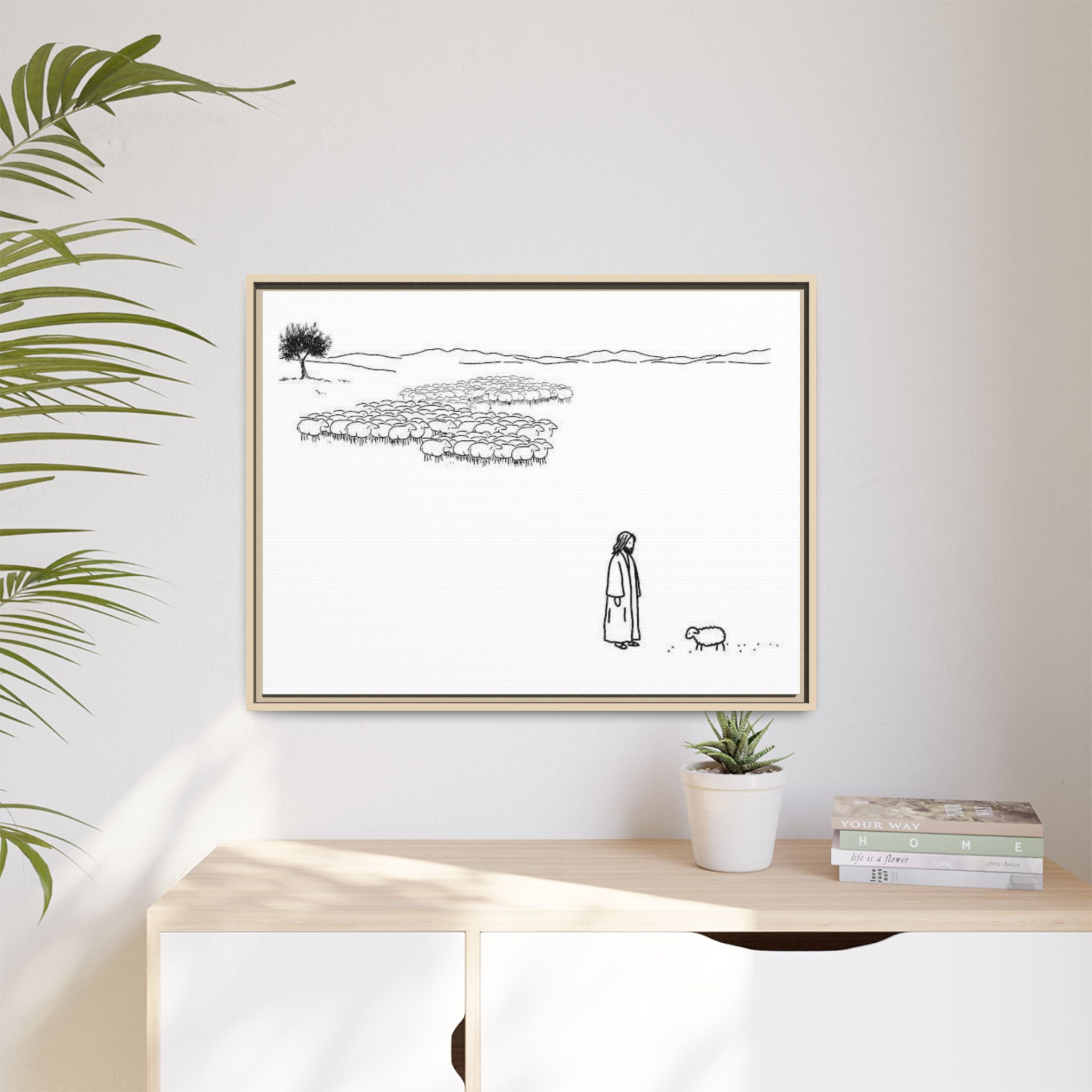 Framed Matte Canvas Print — Minimal The Good Shepherd & Flock Line Art