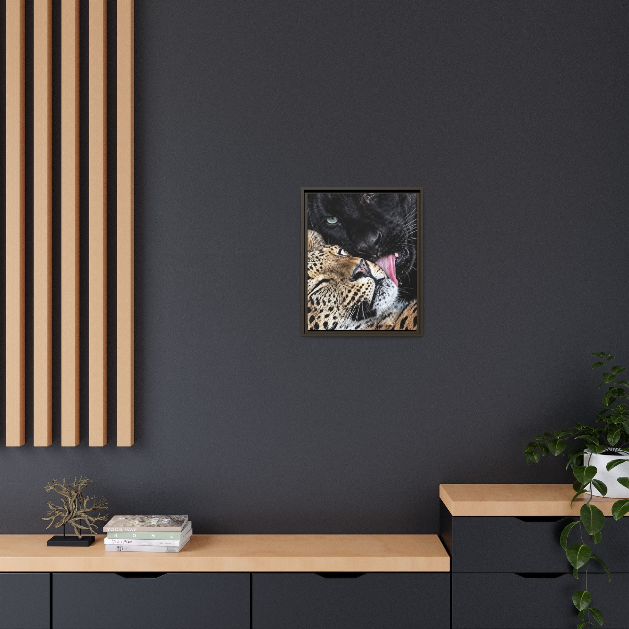 Big Cat Portrait Matte Canvas Framed — 'Perfect' Love-Themed Multi-Color Wall Art