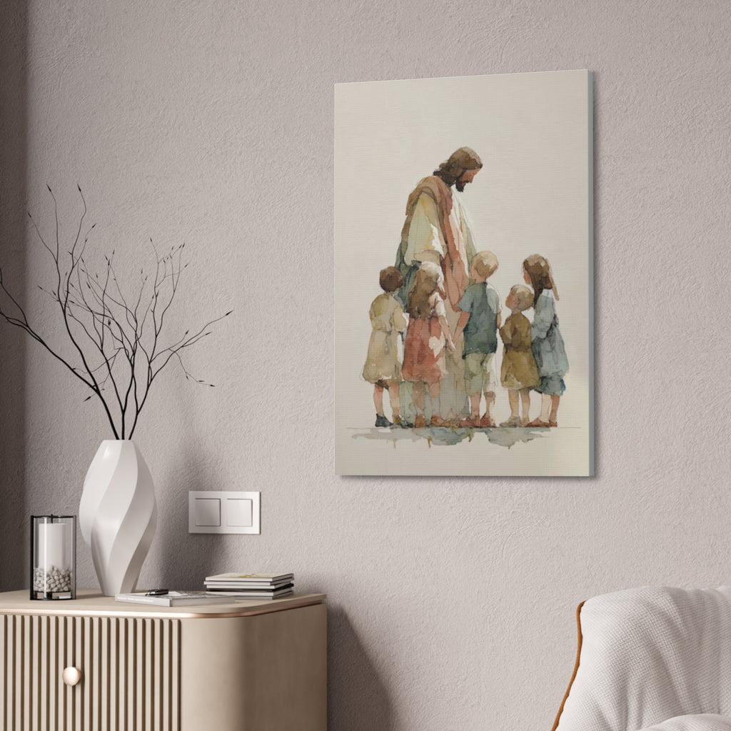 Faithful Father and Children Watercolor Canvas Print — Religious Nursery Wall Art