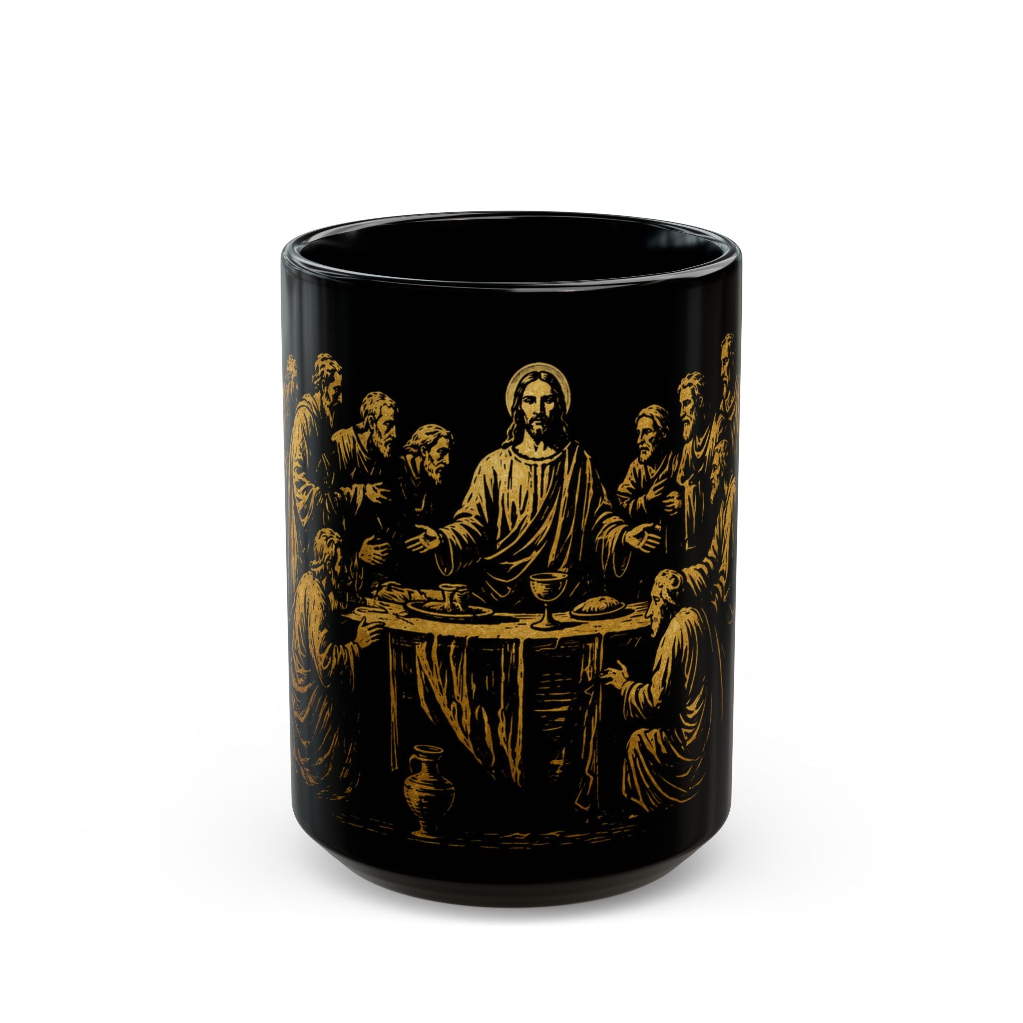 The Last Supper Black Ceramic Mug — Gold Religious Coffee Cup (11oz/15oz)
