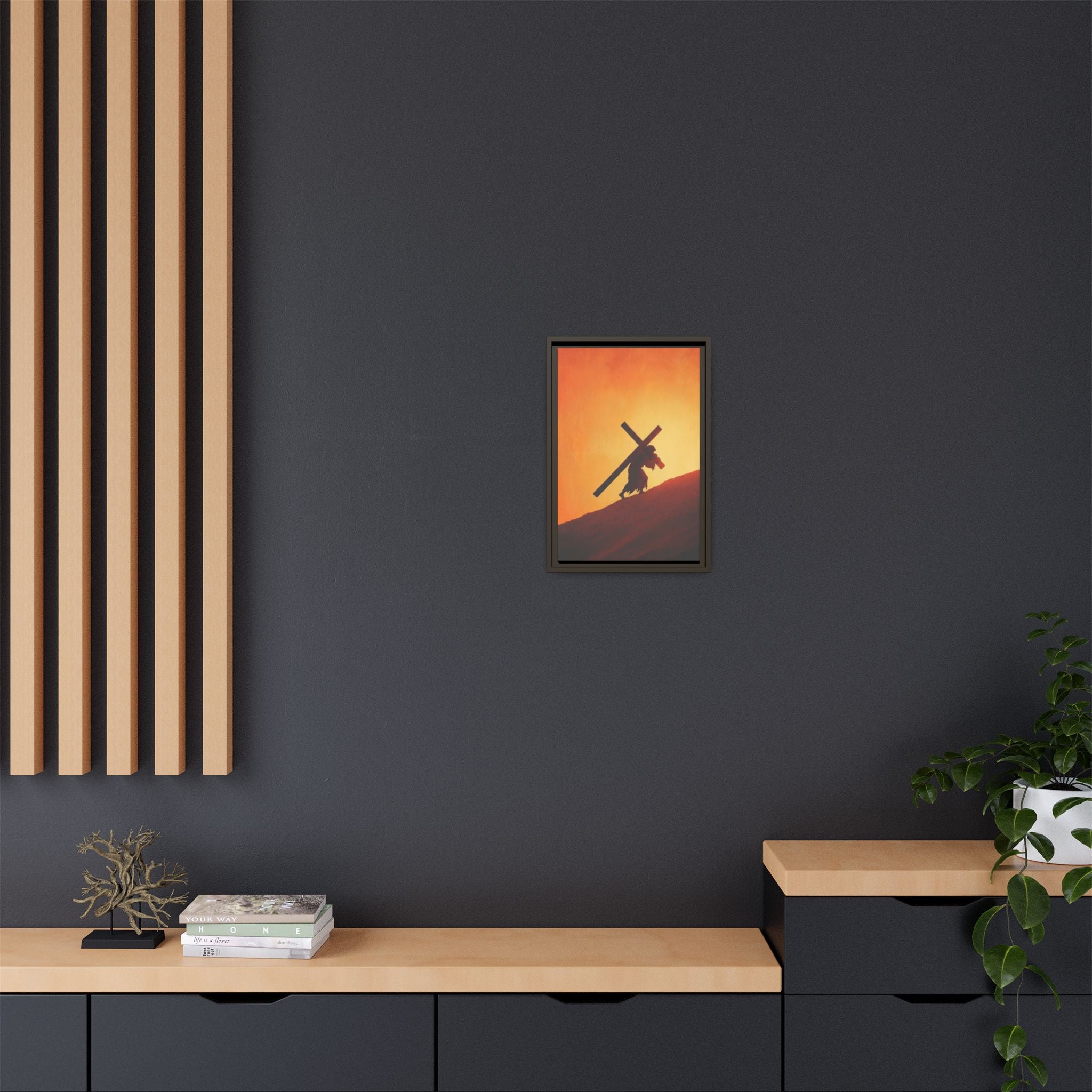 Jesus Christ Carrying Cross Framed Canvas — 'The World On His Shoulder' Sunset Art