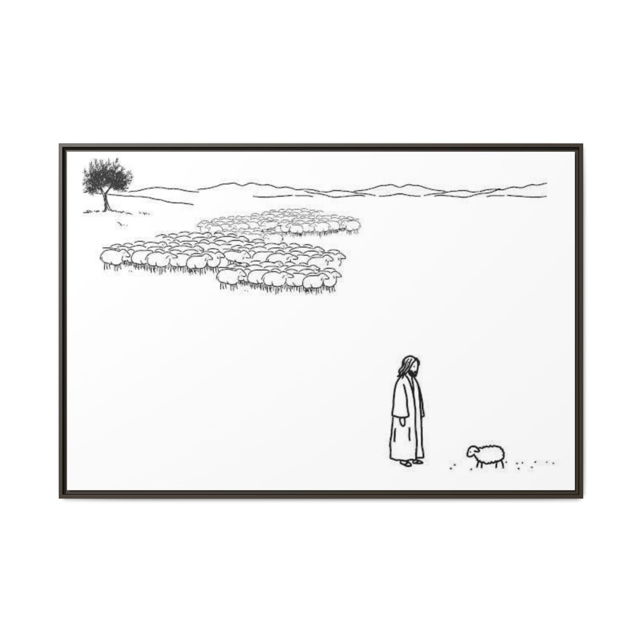 Framed Matte Canvas Print — Minimal The Good Shepherd & Flock Line Art