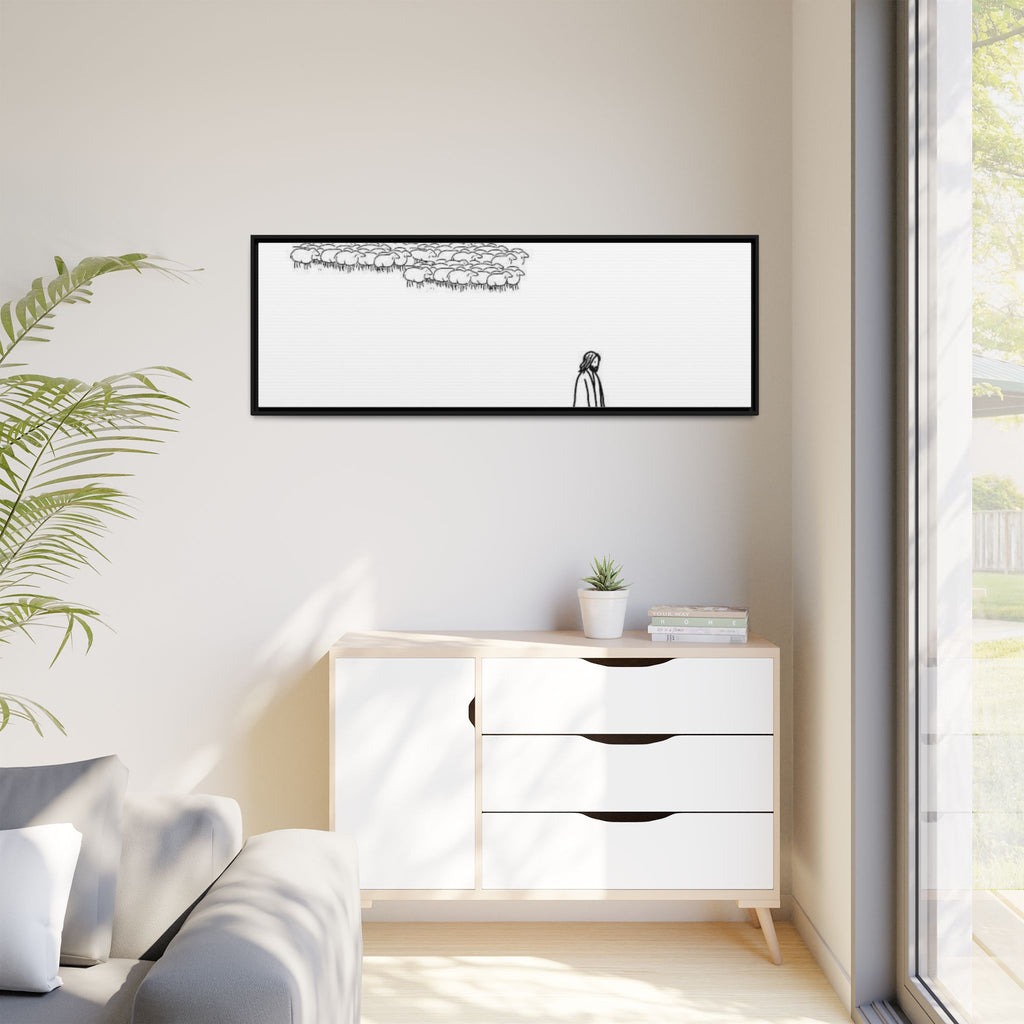 Framed Matte Canvas Print — Minimal The Good Shepherd & Flock Line Art