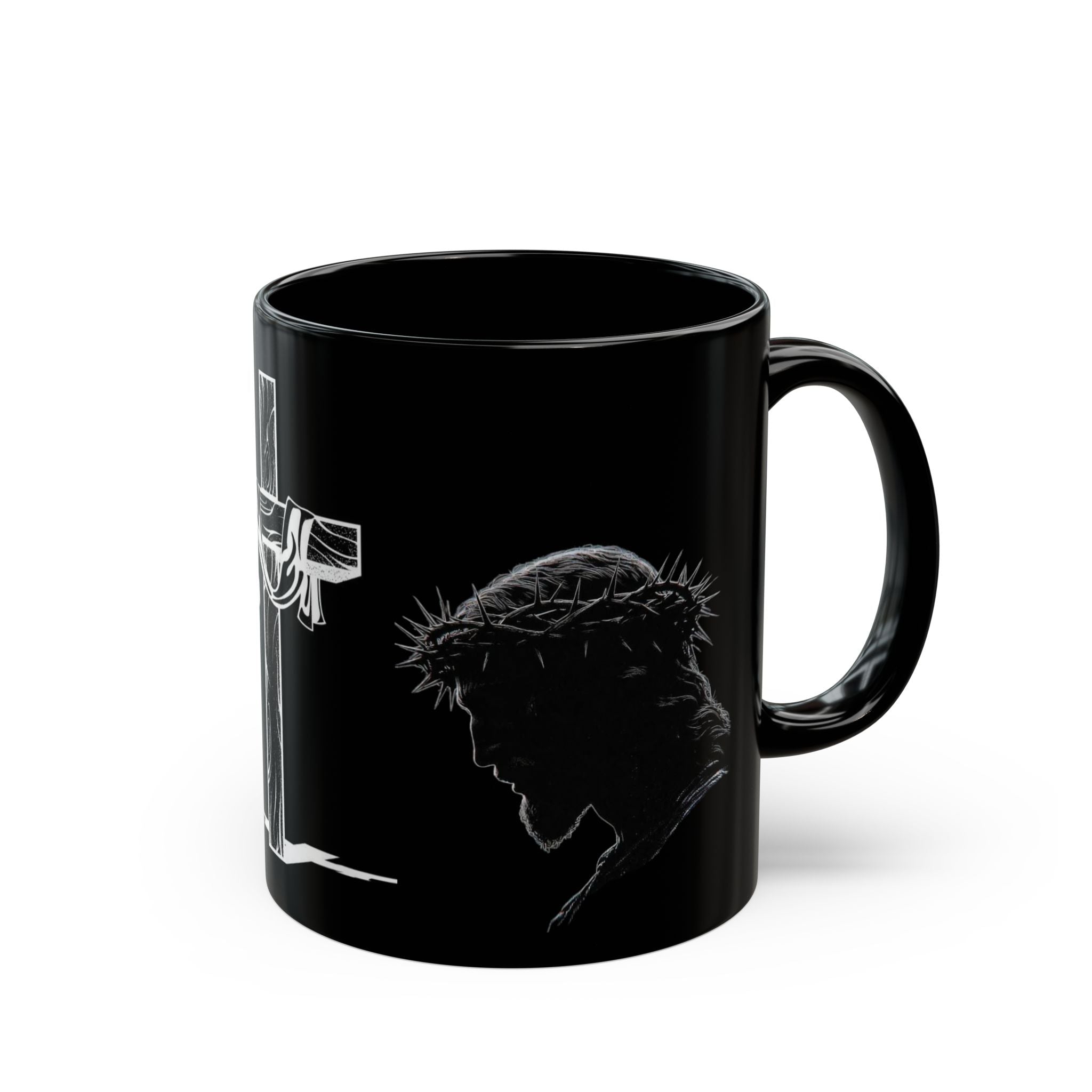 Christian Cross & Crown of Thorns Black Coffee Mug — Inspirational Scripture Gift (11oz/15oz)