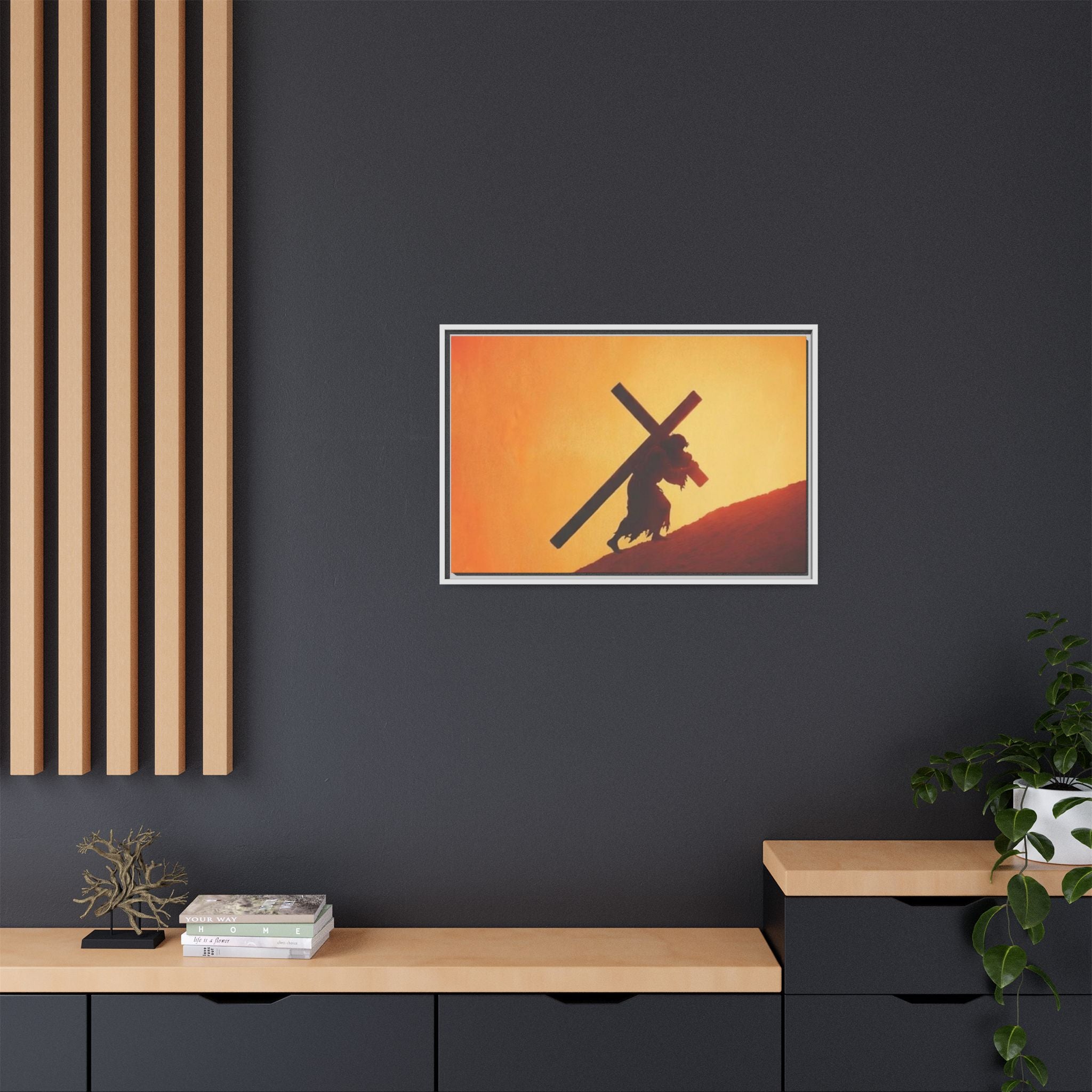 Jesus Christ Carrying Cross Framed Canvas — 'The World On His Shoulder' Sunset Art