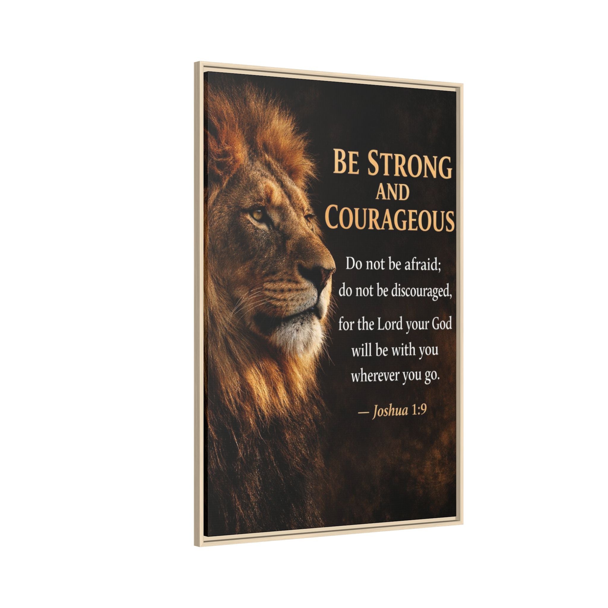 Framed Canvas Wall Art — "Be Strong and Courageous" Lion Joshua 1:9 Inspirational FAITH Art