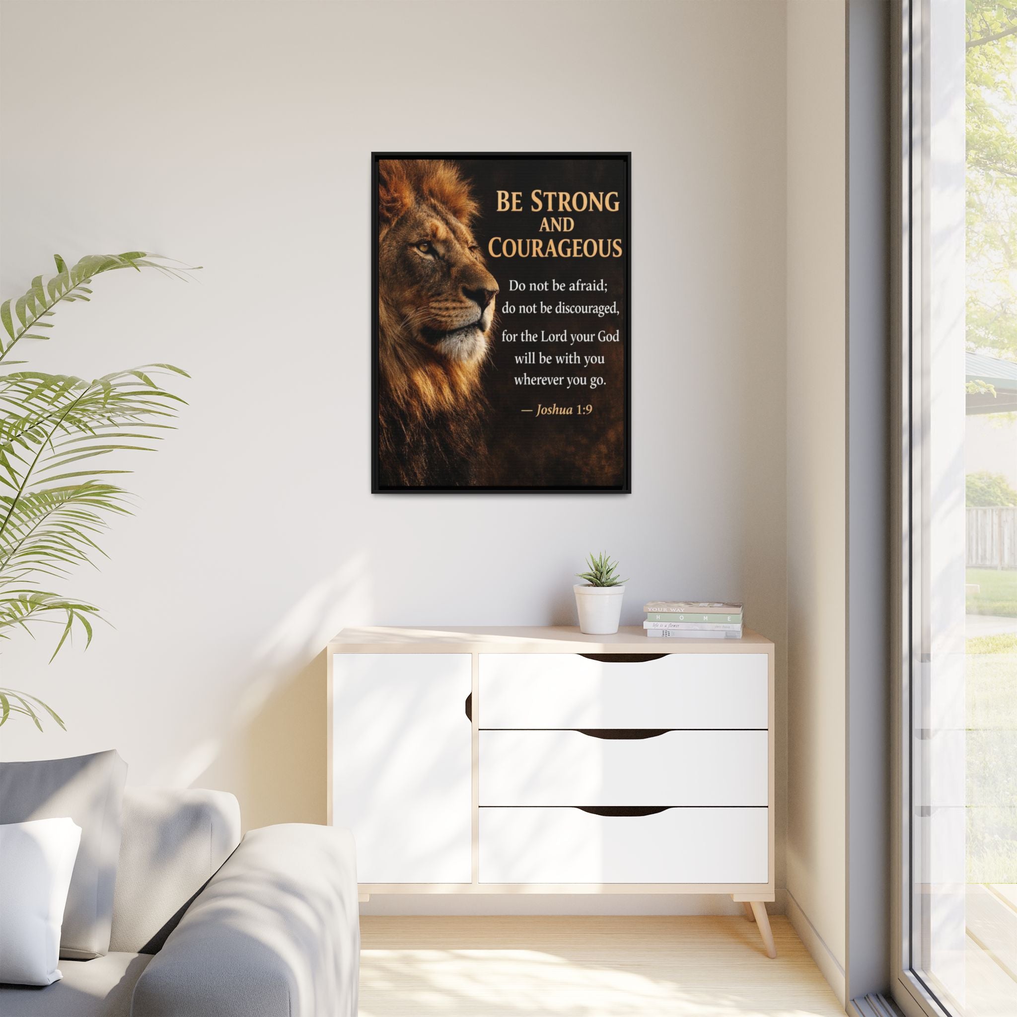 Framed Canvas Wall Art — "Be Strong and Courageous" Lion Joshua 1:9 Inspirational FAITH Art