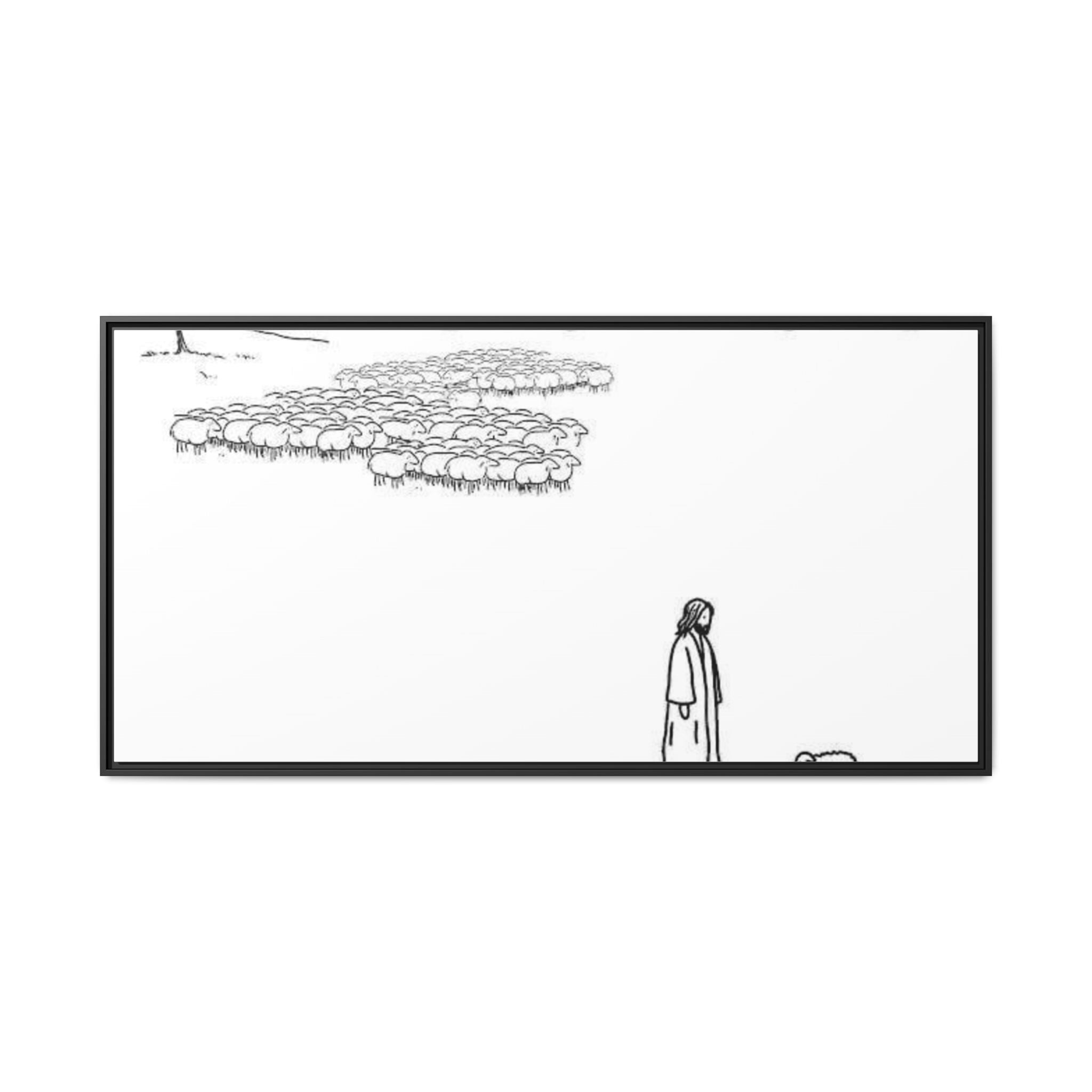 Framed Matte Canvas Print — Minimal The Good Shepherd & Flock Line Art