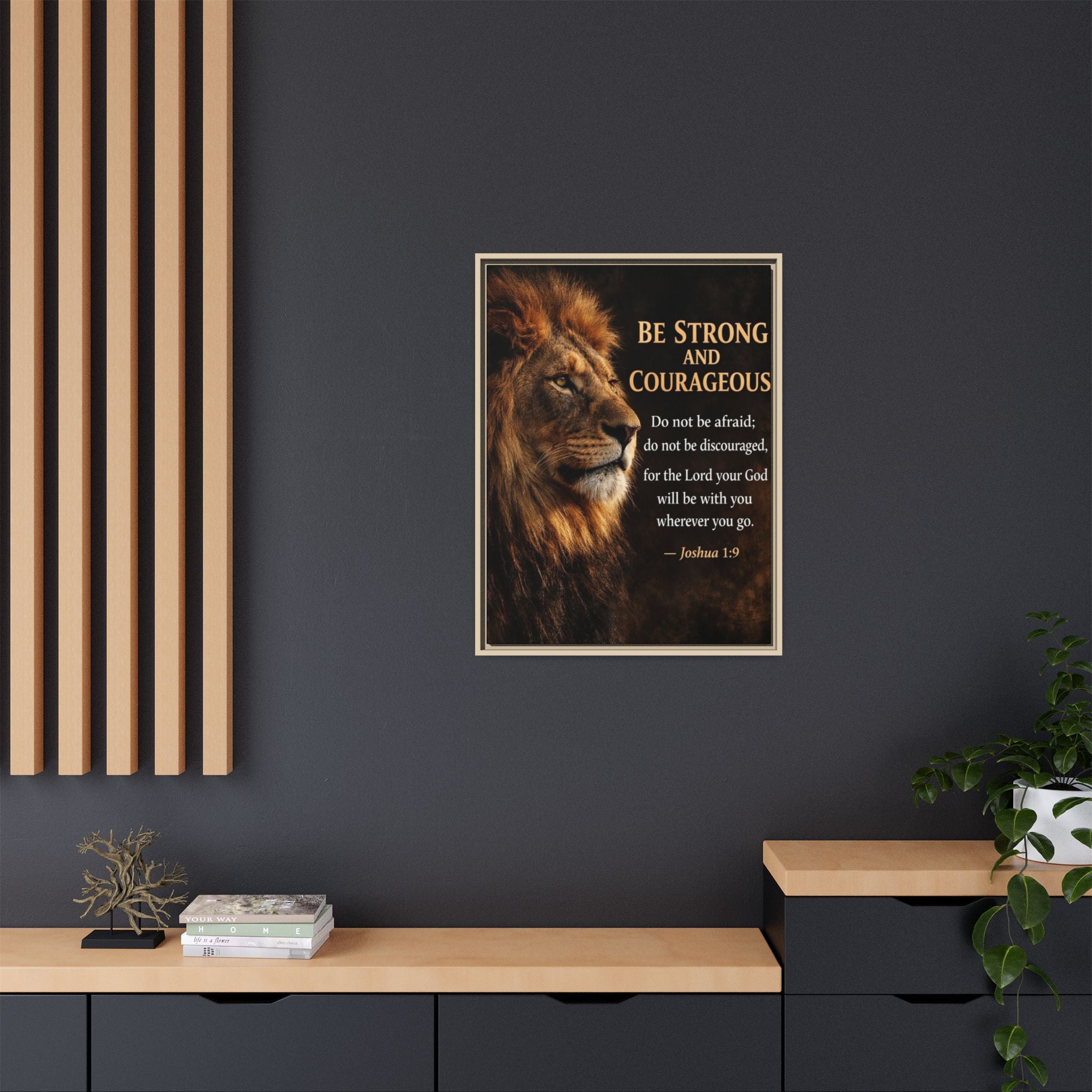 Framed Lion Canvas Print - "Be Strong and Courageous" Joshua 1:9 Inspirational Wall Art